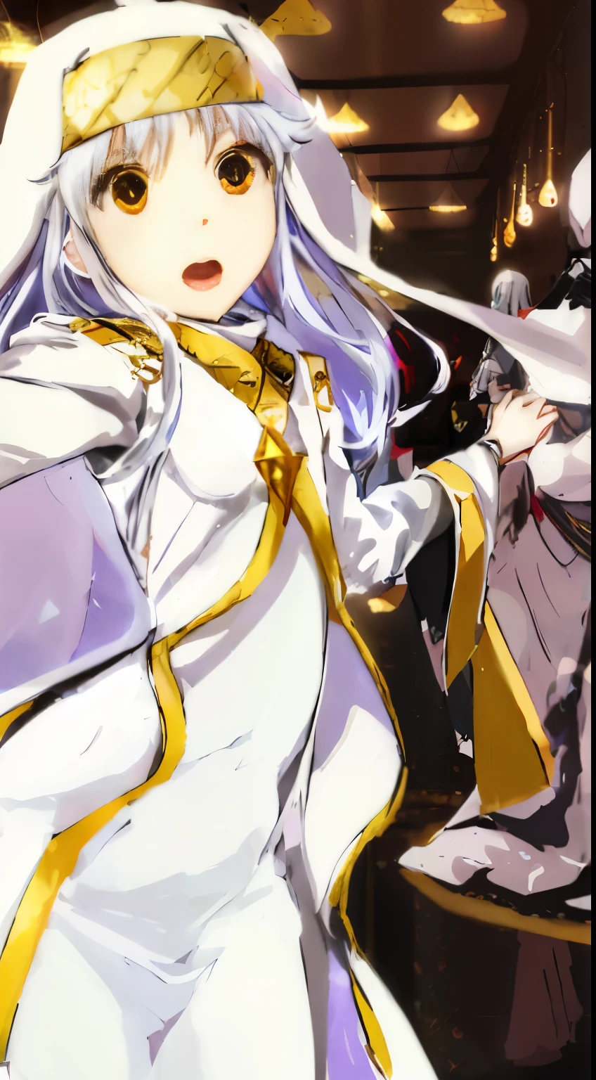 anime image of a woman dressed in a white dress and a crown, portrait knights of zodiac girl, art style of rune factory 5, knights of zodiac girl, white haired deity, final fantasy tactics character, rune factory 5, official art, ragnarok online, lady palutena, madoka magica, detailed key anime art, anime style like faay night,Anime female characters in the magic catalog,Index's white nun,Silver metallic luster long hair,White nun's robe with gold lace,White nun's headscarf with gold lace,Dancing in the splendid church,Anime female characters in the magic catalog,Index's white nun,Silver metallic luster long hair,White nun's robe with gold lace,White nun's headscarf with gold lace,Dancing in the splendid church