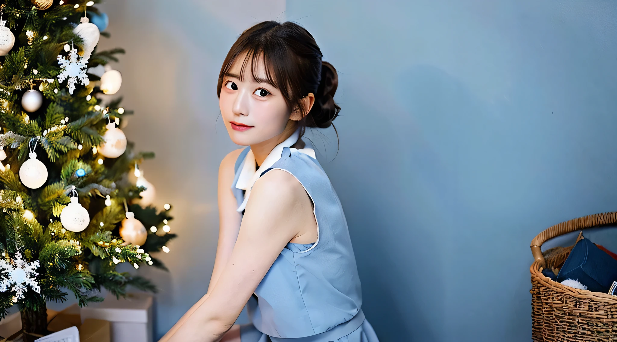 An 18-year-old maid wearing a light blue miniskirt、The background is a Christmas tree