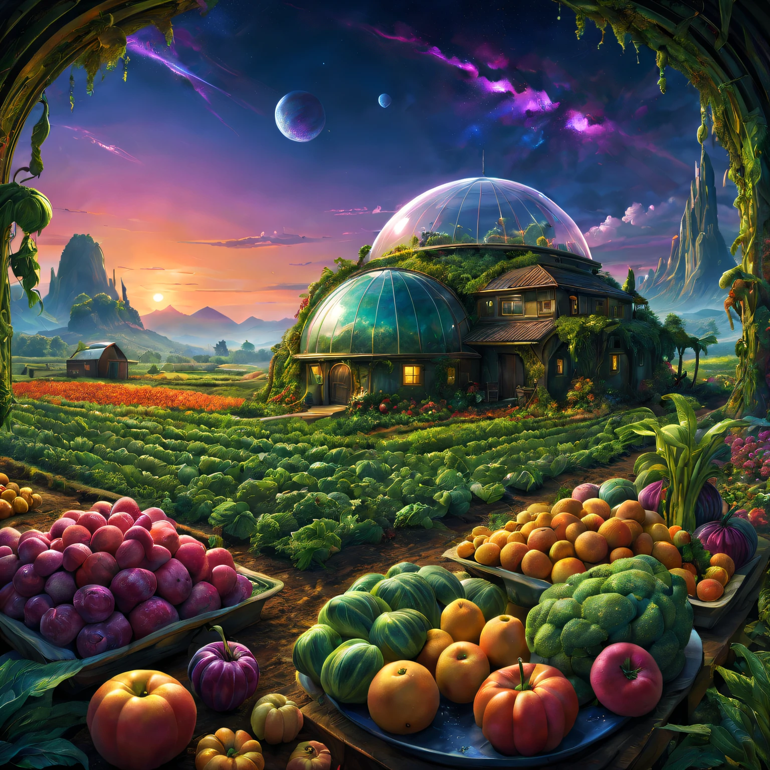 magnificent landscape painting,Alien farm life,Agricultural scenarios of the future,plethora of colors,the sunset,Abundant fruits and vegetables,Tano,fortune,Qianqian,Stack of cash on farmhouse table,Transparent dome covering the farm,Surreal atmosphere,otherworldly landscapes,Unusual alien architecture,bioluminescent plant life,The harmonious coexistence of aliens and nature,Vibrant colors blend with cosmic tones)Precision、Care for crops carefully,Unique alien flora and fauna,scifi concept art。(Best quality at best,4K,8K,A high resolution,tmasterpiece:1.2),ultra - detailed,(actual,photoactual,photo-actual:1.37),