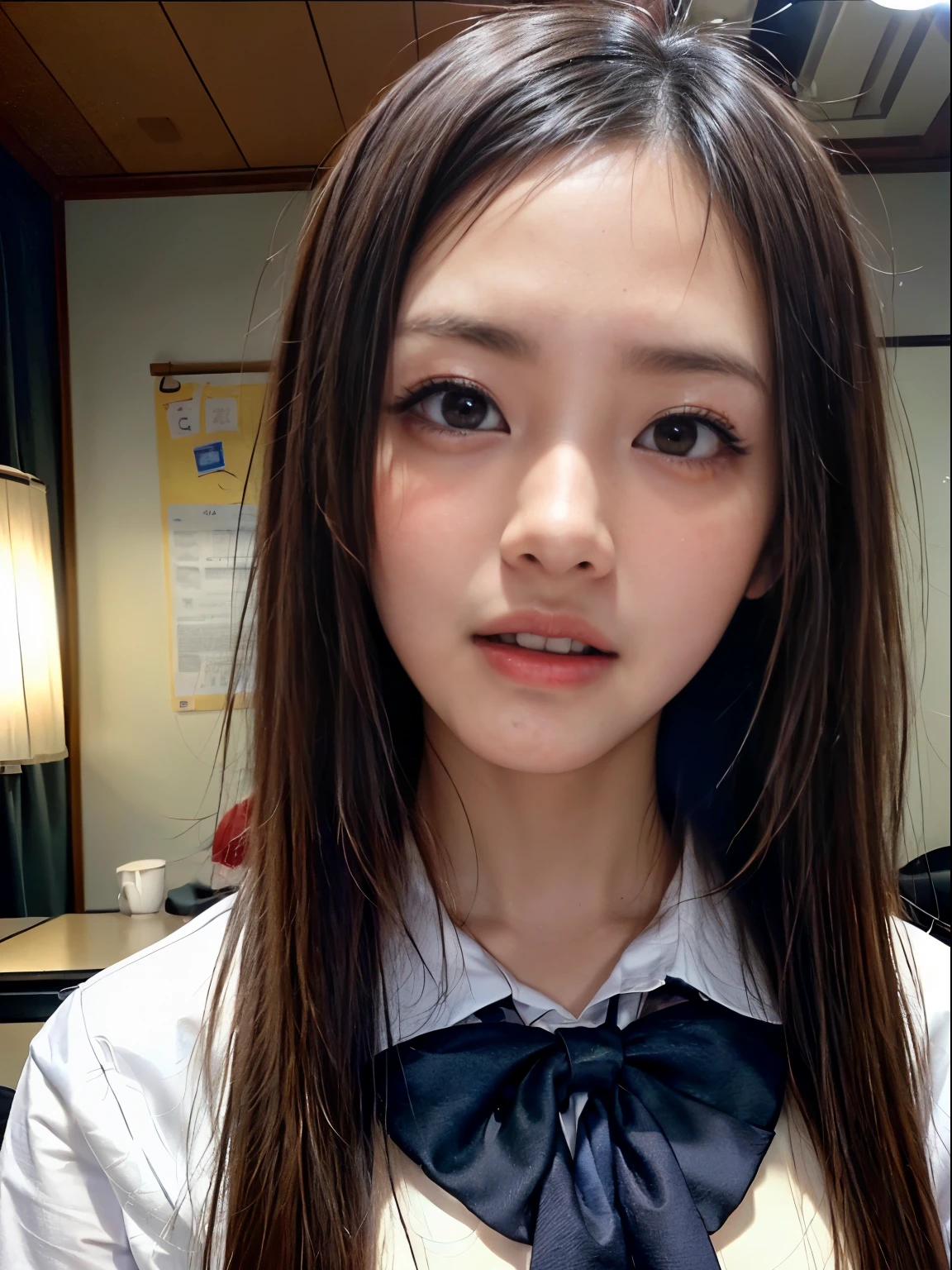 Photorealsitic:1.3、8K, RAW portrait of、 (Women in Japan),​masterpiece、photos realistic, 超A high resolution, Best Quality, Real life photography ,( At night ),
1womanl,(( late at night in the bedroom)),((very realistic japanese high school students))、((Japan High School Uniforms:1.6))、inside in room、slender physique、Delicat eyes,eyeshadow and eyeliner、  ((dark-brown eyes:1.5))、(Authentic skin texture)、(Immersive atmosphere:0.8、Chiaroscuro:1.2) 、(looking at viewert)、((embarrassed from:1.5))、A smile:0.5、((Shyness:1.5))、((Reddened cheeks:1.3))、((Close-up on the face:1.75))、(Open mouth:1.5)、(put out the tongue)