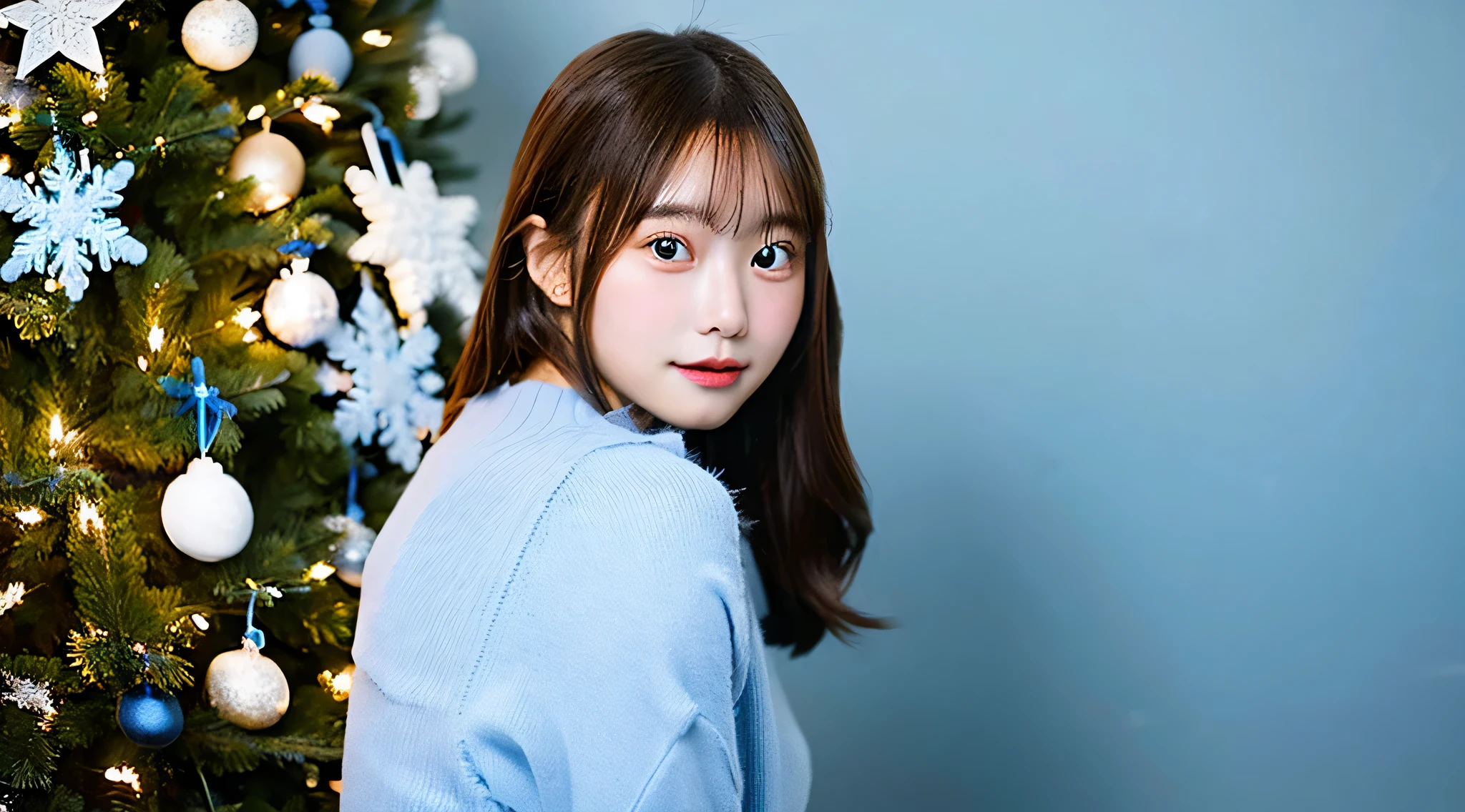 18 year old high school girl wearing a light blue miniskirt、The background is a Christmas tree