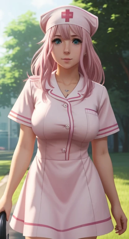 Very Cute girl, massive sized ,ultra realistic eyes, nurse dress,short nurse skirt, nurse cap on her head, hospital outside, pink colour hair,bright green eyes, ultra realistic detailed eyes, innocent eyes, looking at camera,long pink hair,