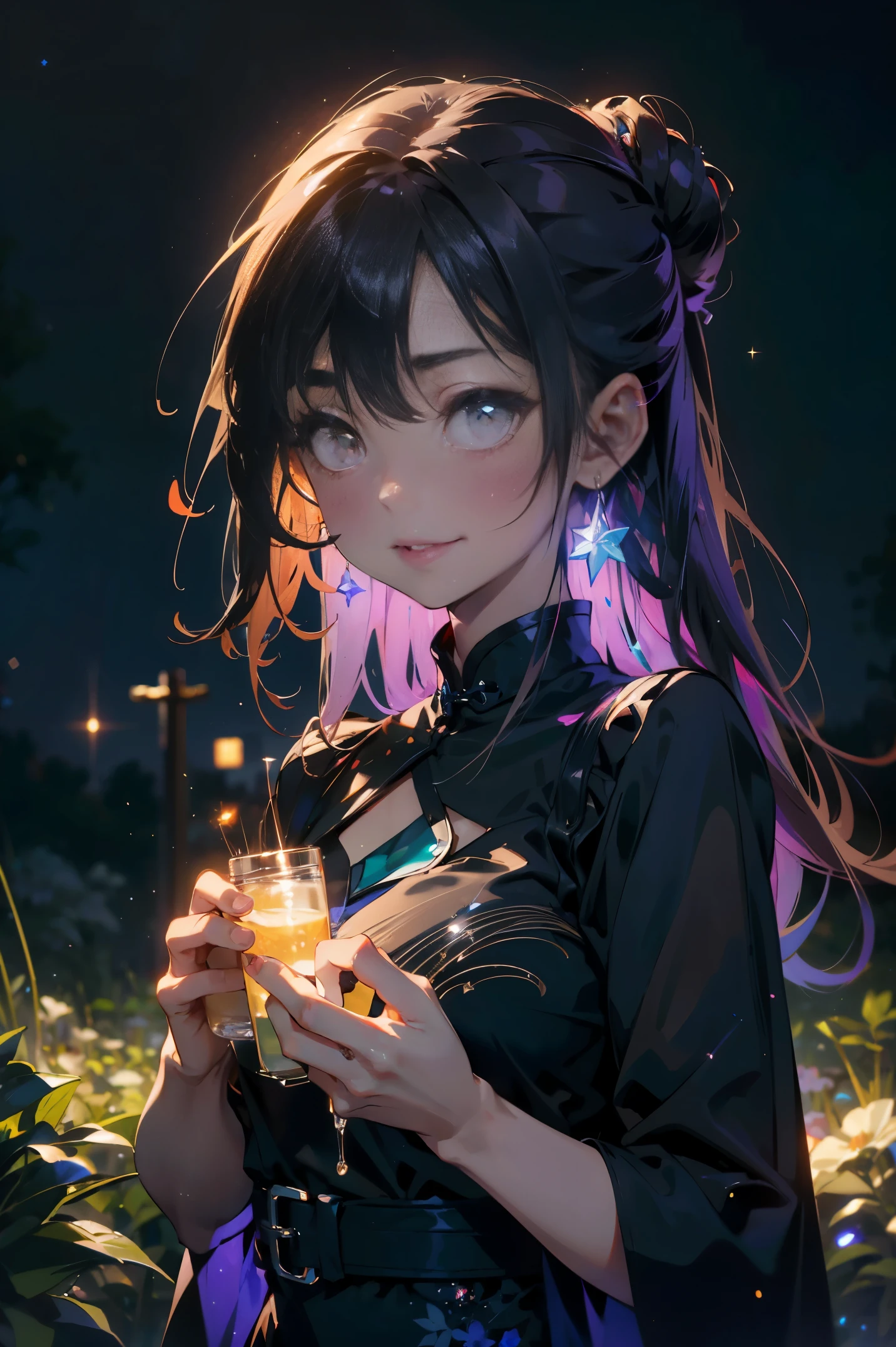 a 20 yo woman、Black blue Hair、poneyTail、Bun hair、Big smile、iridescent eye op fade:1.3)、dark themed、Muted Tones、Subdued Color、highly contrast、qipao dress、(natural skin textures、Hyper-Realism、Soft light、sharp)、Master Parts, Gorgeous, landscape, (((cha_Huma does not))), natta, florals, Torpical Garden, Starry sky, constellation, astounding, Display Mode, Water, thermography, cozily, peaceful, meteors, cosmic, Magic, magia, special, yui, ((glowworm))