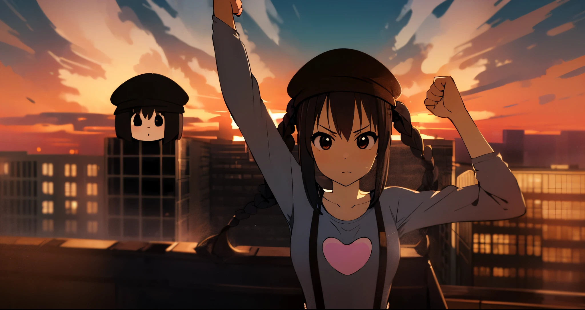 1girl, (((masterpiece))), top-quality, top-quality, high détails, nakano azusa, 1girl, Twin-tailed, length hair, A dark-haired, brown-eyed, Gray T-shirt.suspenders.a black skirt.illustratio, comic strip, soothing tones, Subdued Color, Soft cinematic light, adobe lightroom, photolab, HDR, intricately and hyper-detailed、(((depth of fields))))。(((masterpiece)))。(((top-quality))).)((ultra-detailliert)))。(((illustratio)))。(((takeout))).dynamic focus.big breasts.(((Skyscrapers))).(((A city scape))).(((serious))). closed mouth.(((raising one arm))).(((up chest))).((evening glow)).((the setting sun)).(((Heart on chest))).Feathered hat.Bend your elbows.Clench your fists
