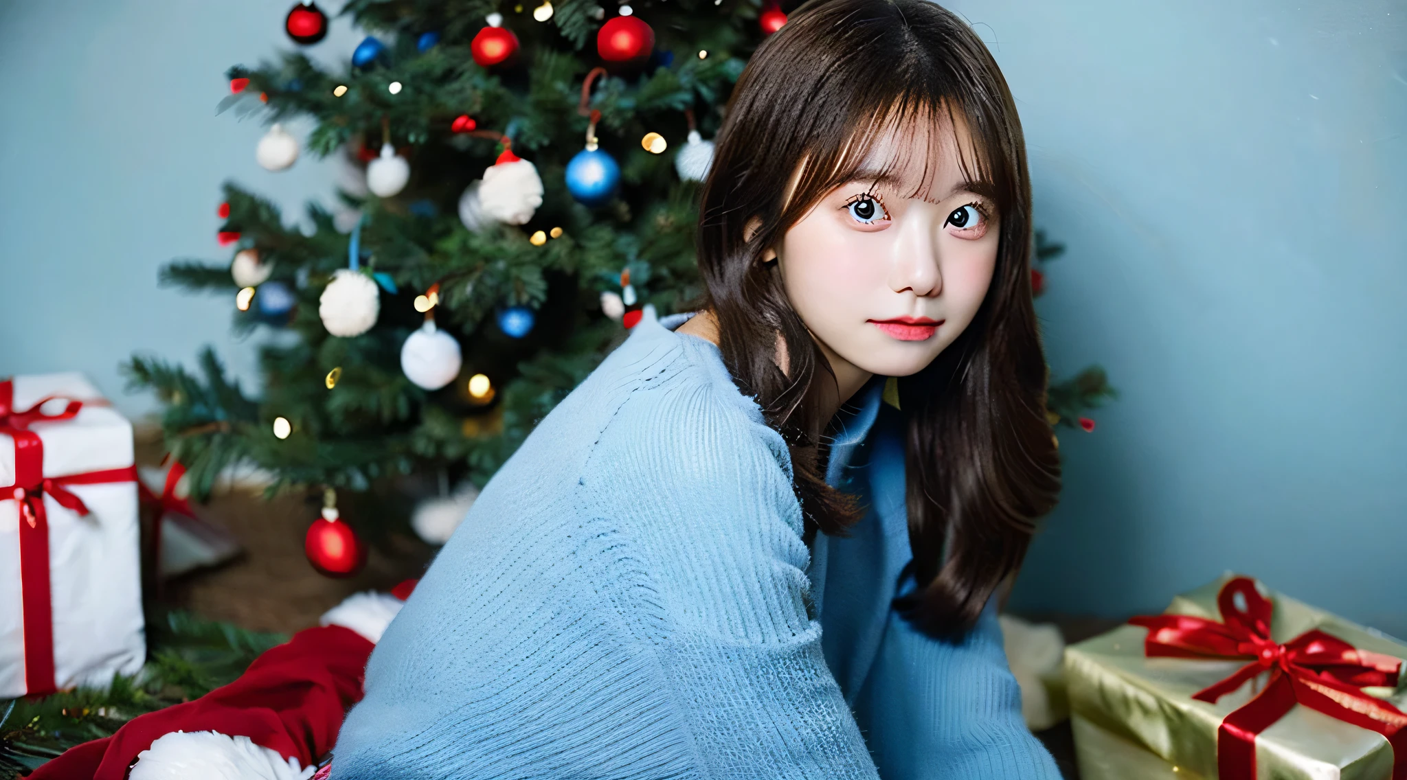 18 year old female college student in a light blue miniskirt、The background is a Christmas tree