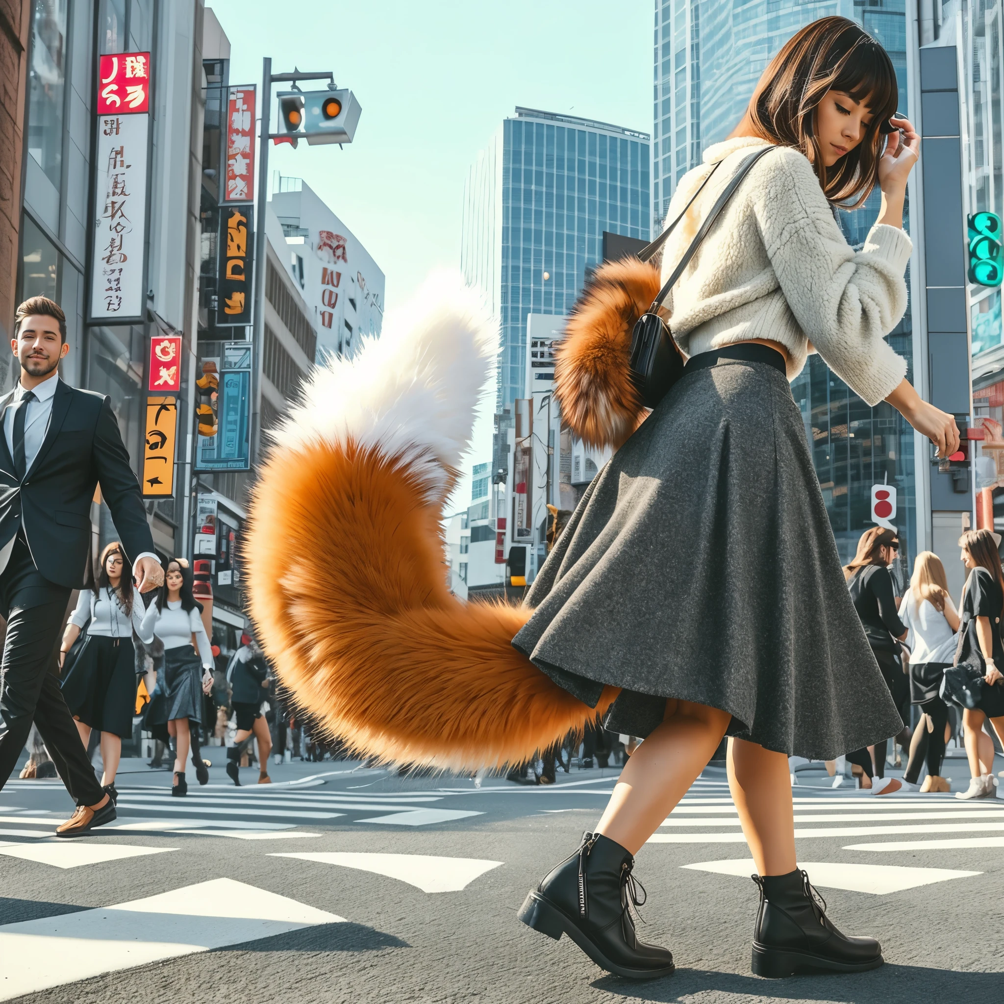 a woman walking across a busy street with a fox tail, Fox tail, Furry tail, foxgirl, fluffy tail, furries wearing tails, , very very beautiful furry art, thick fluffy tail, a picture, top-quality, tail, flered skirt