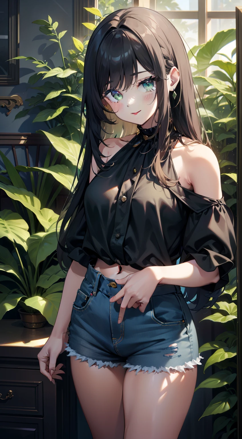 1 girl, mouth, lips, smiling, (perfect eyes), (details in the eyes), single focus,  beauty, big hair, locks, bangs, (lighting effects in the hair), (details in the hair),  expression,  aura, ambient lighting, (short black blouse), (ripped jeans), thick legs, thick thighs, backdrop, background full of plants, green climate, green environment, (plants in the corners), beautiful day, (body wetting), intricate details, enhanced lighting.