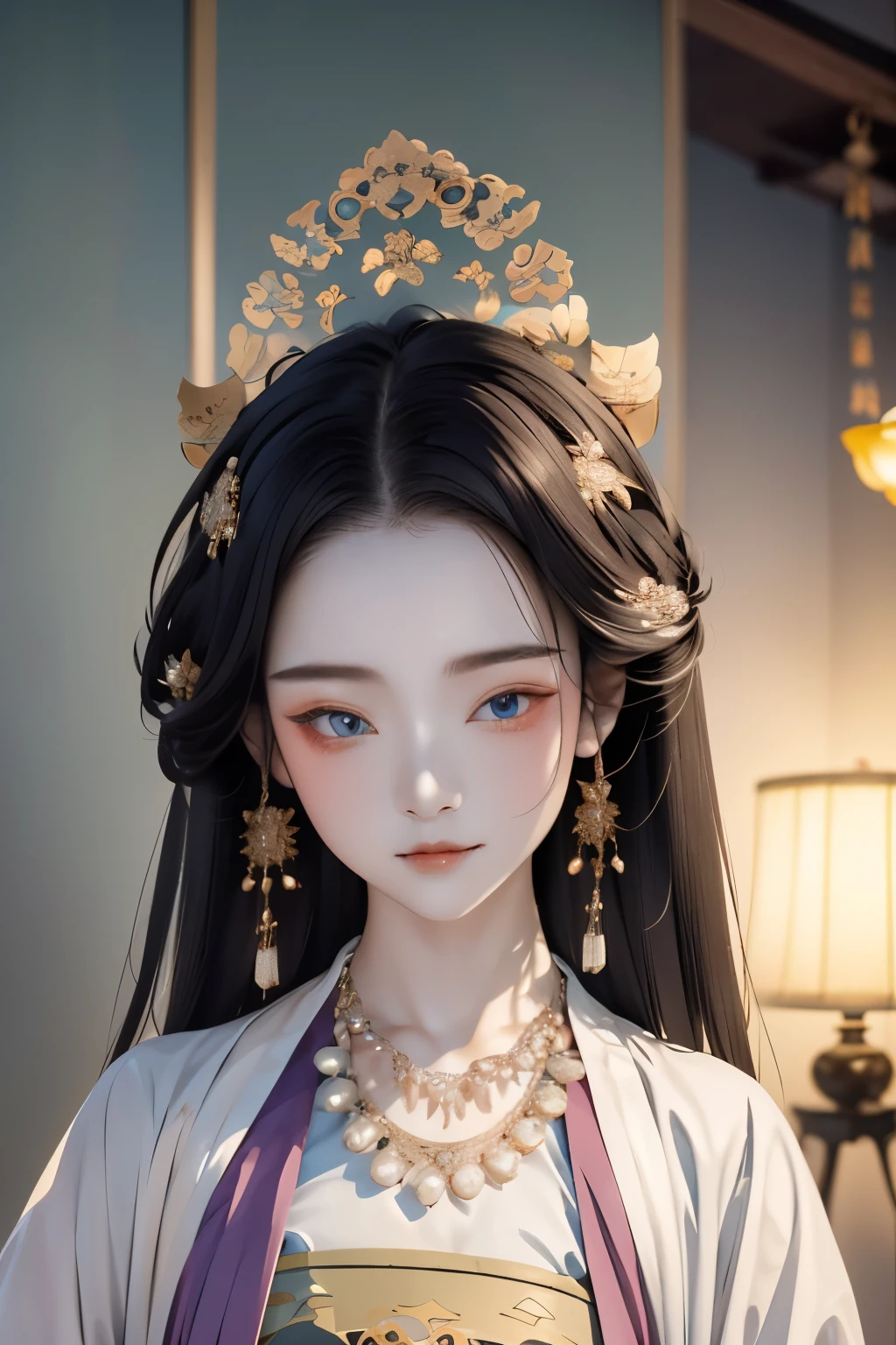 Close-up of woman wearing headdress and necklace, Wearing light purple Hanfu，Inspired by Huang Ji, cute porcelain doll,, Inspired by Lan Ying, Inspired by Ma Yuanyu, Princesa chinesa antiga, Zhongyuan Universe, Inspired by Qiu Ying, 宮 ， A girl in Hanfu