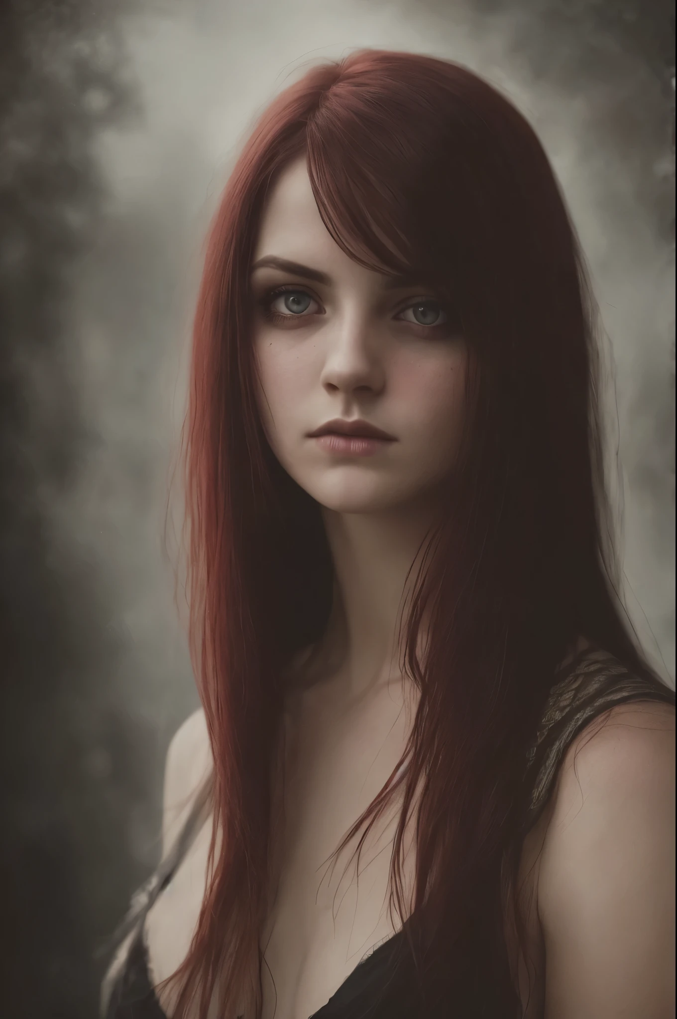 (Realisttic:1.2), analog photo style, cute woman with short black-red hair, red eyes, (Gloomy and dark atmosphere), soft natural light, faded colours, sexy, great quality, Masterpiece, detailed fantasy background, better performance, 16k quality, HDR, RAW photo