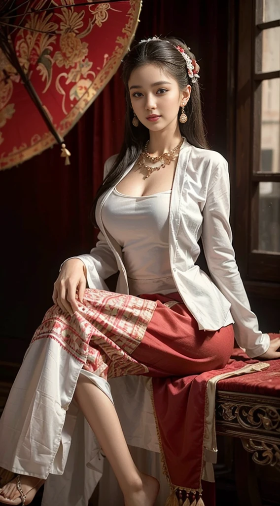 , (Realistic:1.3), insane details, quality, (master-piece:1.2), (ภาพRealistic:1.2), (qualityที่ดีที่สุด), (Detailed skin:1.3), (intricate detailed), ray tracing, ((Full body)), ((1woman)), (((1man))), 18-20 years old, ((long-haired, Very long., ปล่อยlong-haired)), smile, Red Dresses, white coat red skirt with pattern, The color matches the dress and skirt., skirt pattern, earrings, necklace, Javanese jewelry, (blurred background), breast cleavage, huge breast,, Beautiful breast, Big breast augmentation, elongated legs, Fair-skinned, attractive