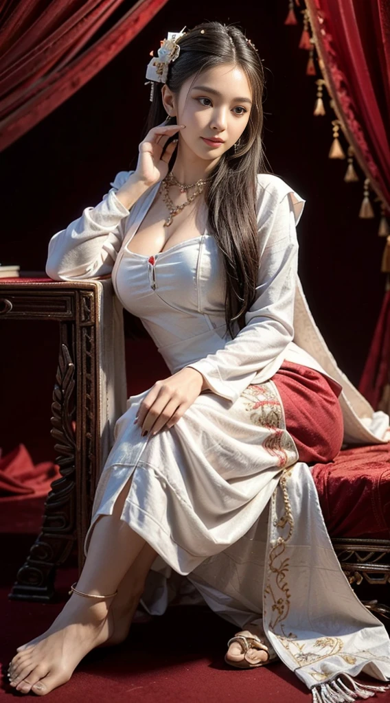 , (Realistic:1.3), insane details, quality, (master-piece:1.2), (ภาพRealistic:1.2), (qualityที่ดีที่สุด), (Detailed skin:1.3), (intricate detailed), ray tracing, ((Full body)), ((1woman)), (((1man))), 18-20 years old, ((long-haired, Very long., ปล่อยlong-haired)), smile, Red Dresses, white coat red skirt with pattern, The color matches the dress and skirt., skirt pattern, earrings, necklace, Javanese jewelry, (blurred background), breast cleavage, huge breast,, Beautiful breast, Big breast augmentation, elongated legs, Fair-skinned, attractive