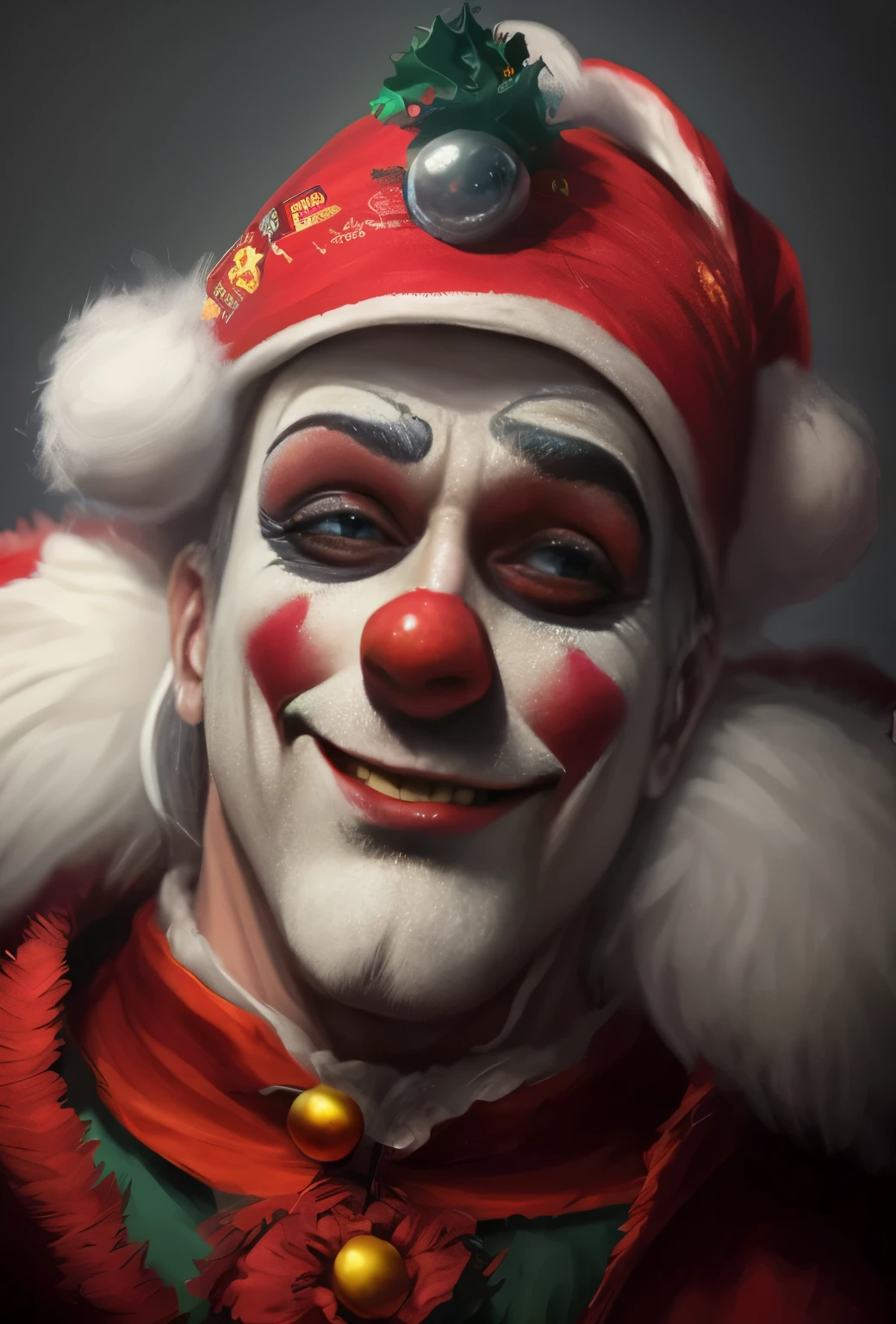 Злой clown with red and white makeup and a red cape, Santa, portrait death злой clown, cutecore clowncore, trending on artstation 4k, Santa claus, How trending on ArtStation, communist clown portrait, zany, Popular on ArtStation HD, Author: Daarken, wojtek fus, clown, Popular on ArtStationHQ, Fan art