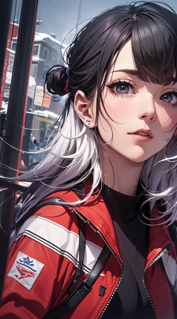top-quality、Top image quality、masterpiece、Teenage girl((a red jacket、Black shirt、Blue Pants、18year old、 Ager、Best Bust、big bast,Black eyes, Long Black Hair、A slender,Large valleys、Looking Up)),hiquality、Beautiful Art、Background with((Snow-covered town))masterpiece、depth of fields,Cinematic style