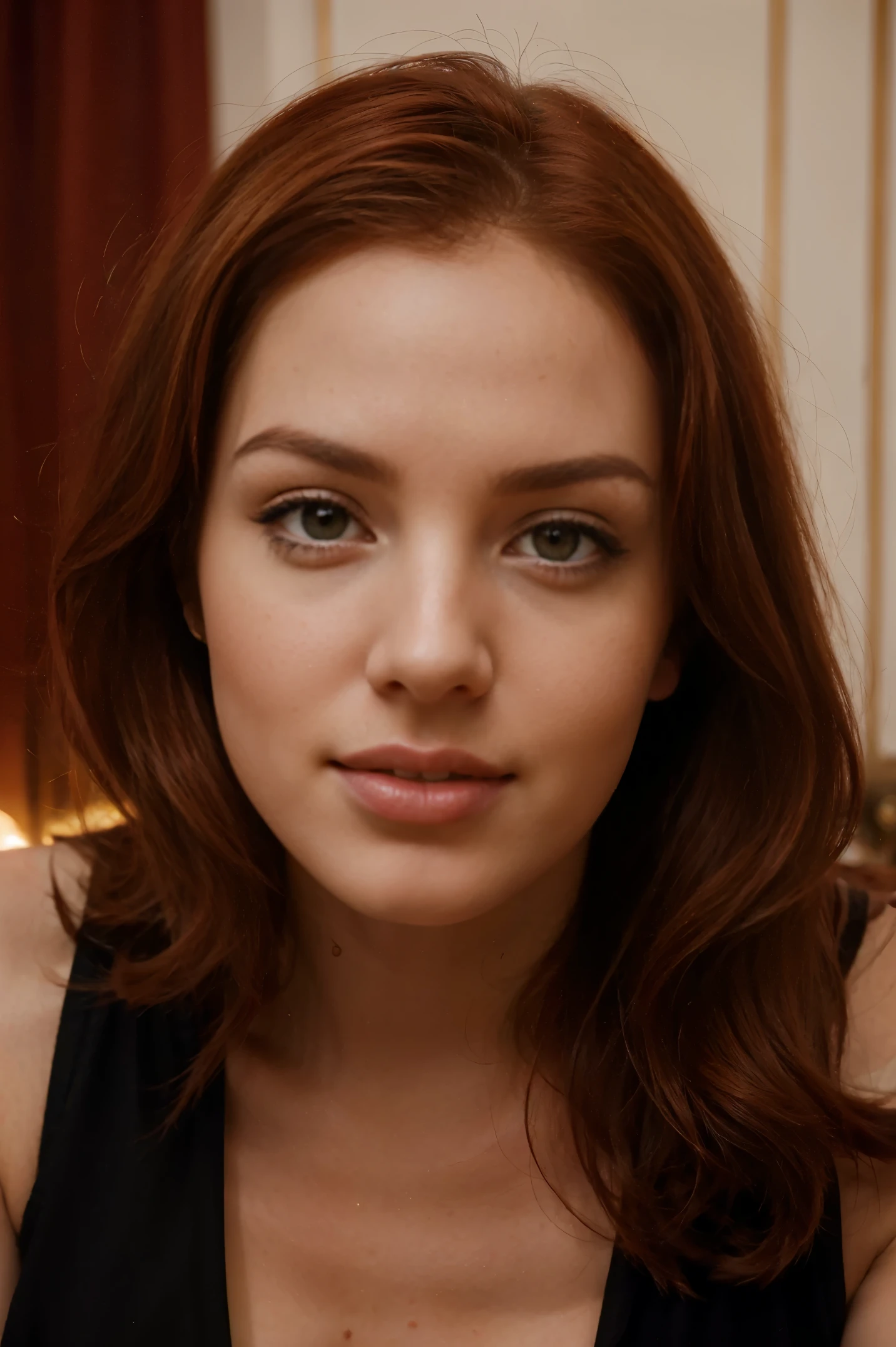 Beautiful young woman, similar to Marilyn Monroe, but rose red hair for instagram post. The background should complement the close-up perspective, offering a glimpse into a modern environment. Pay meticulous attention to the details of her clothing, accessories, and expression to create a seamless and harmonious composition. The result should be a visually striking close-up portrayal of a confident and beautiful redhead, exuding charm and sophistication.