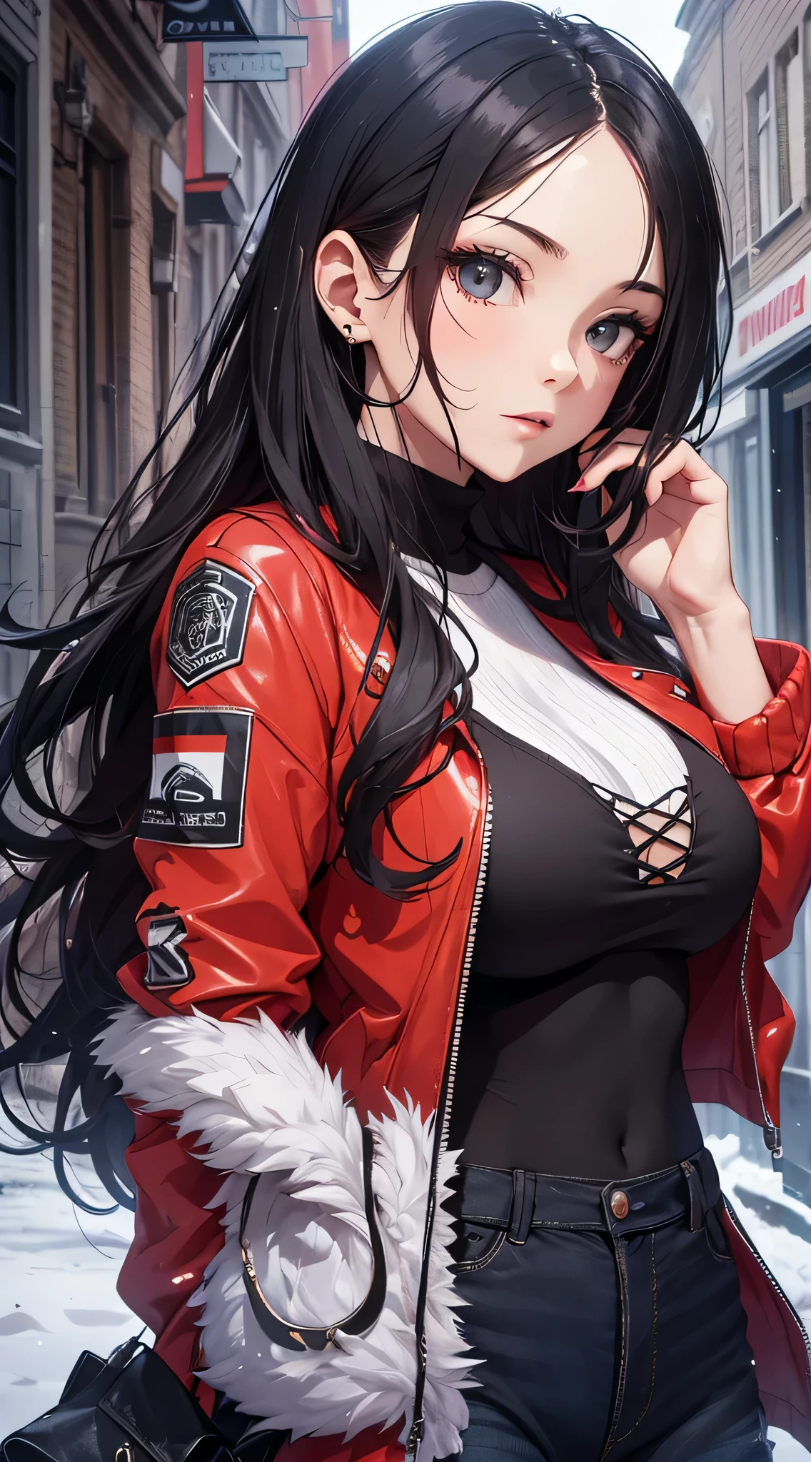 top-quality、Top image quality、masterpiece、 girl((a red jacket、Black shirt、Blue Pants、18year old、 Ager、Best Bust、big bast,Black eyes, Long Black Hair、A slender,Large valleys、Looking Up)),hiquality、Beautiful Art、Background with((Snow-covered town))masterpiece、depth of fields,Cinematic style