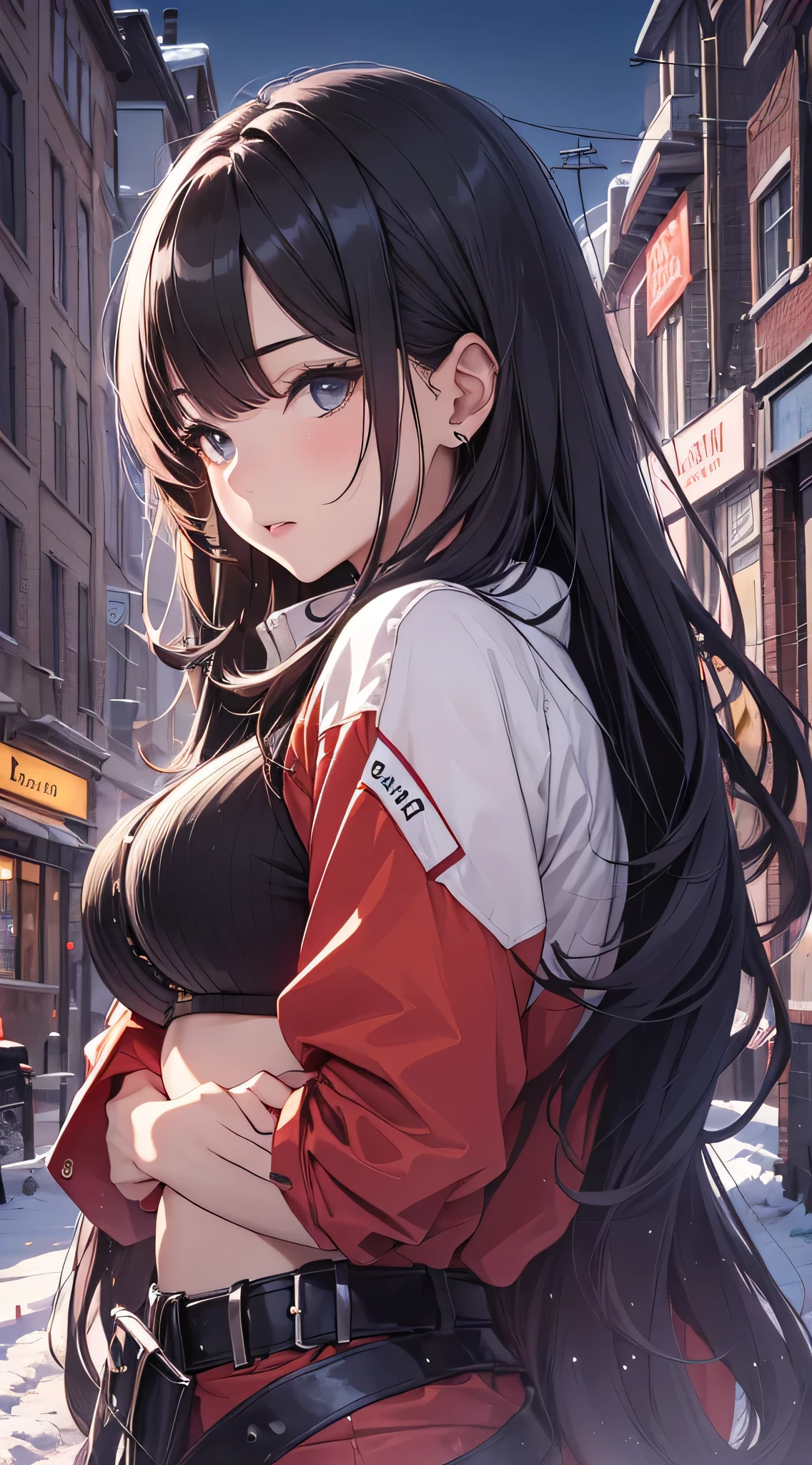 top-quality、Top image quality、masterpiece、 girl((a red jacket、Black shirt、Blue Pants、18year old、 Ager、Best Bust、big bast,Black eyes, Long Black Hair、A slender,Large valleys、Looking Up)),hiquality、Beautiful Art、Background with((Snow-covered town))masterpiece、depth of fields,Cinematic style