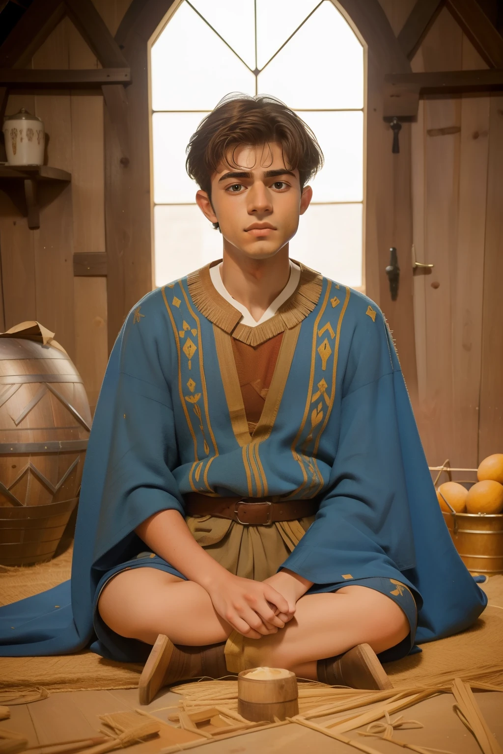 1137, Earlcastle, England. otherworldly scene in a medieval cowshed full of straw and hay, ((((13-year-old)) Matthew Daddario)), sitting on the floor, ((crying big tears)), ((((terrified expression)))), ((((tunic from the 12th century)))), ((Hairstyle of the 12th century)), ((Wes Anderson cinematic style)), colorful