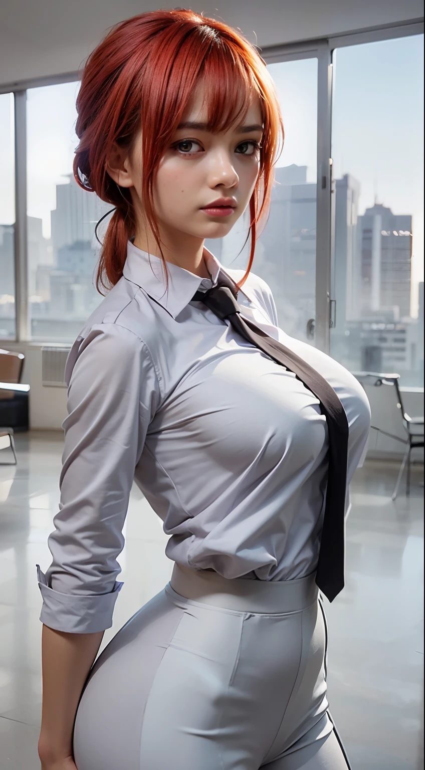 A very beautiful young woman, makima, red eyes, , red hair, big breasts, high resolution, real person, real, life real character