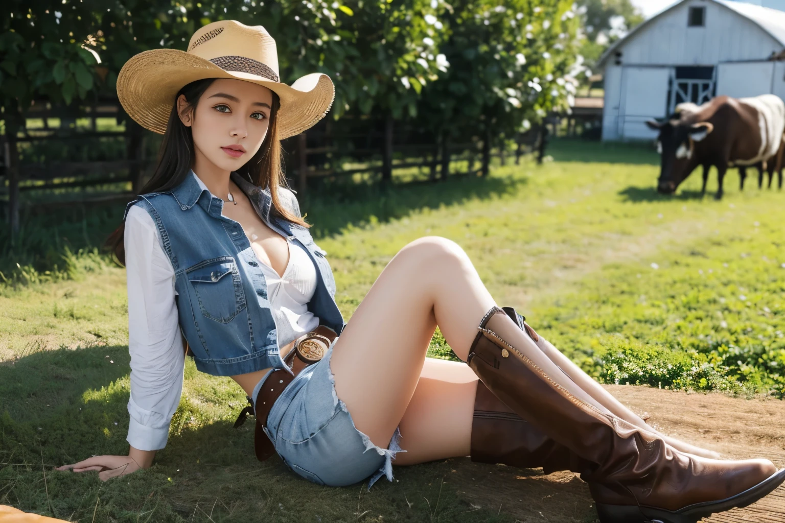 ((1 girl takes care of the farm))，(((cowgirl outfit))),(((Wear low-rise denim shorts and long western boots))),(((sit down and raise your knees))),(((wear a western hat))),(((wear a belt))),(((Wear a leather vest and a plaid front knot shirt))),(((Show cleavage))),ulzzang-6500-v1.1, (RAW photos:1.2), (Live photos:1.4), a beautiful detailed girl, Extremely detailed eyes and face, beautidful eyes, (((The background is the farm)))，(((dairy cattle)))，(((farm land)))，ultra - detailed, A high resolution, quality, tmasterpiece, The content is very detailed, 8k wallpaper, Wonderful, Detailed pubic hair, quality, There is light on the face,电影灯光,