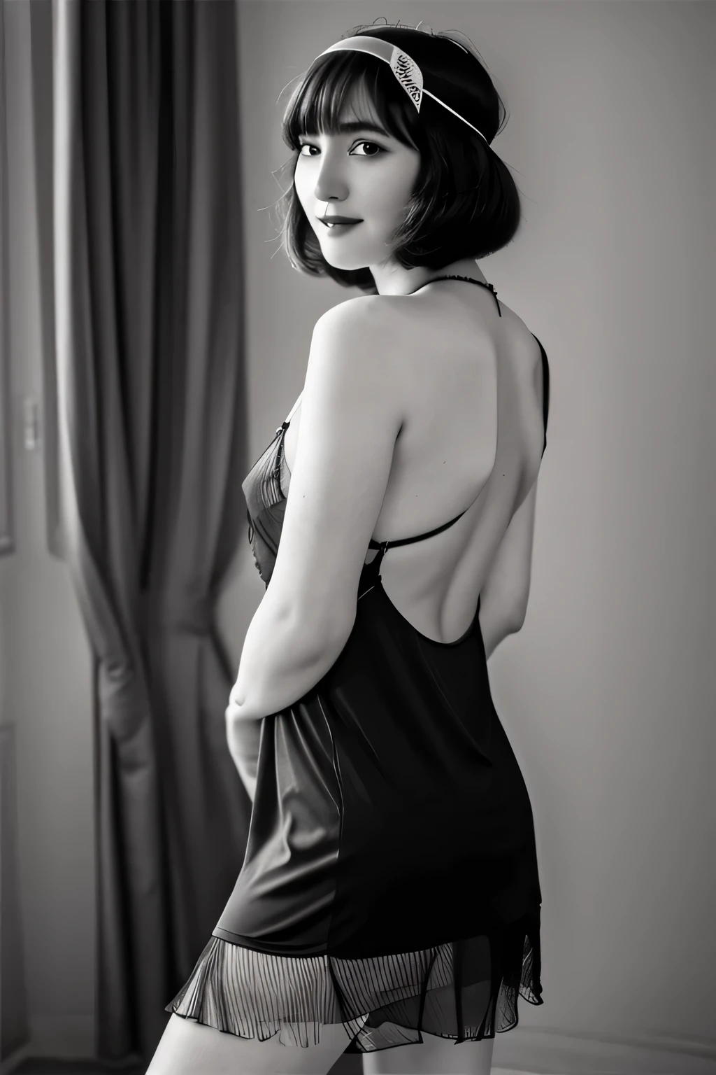 woman posing for a photo(flapper_Dress:1.Wearing 3)、A smile、 Good Hand、4K、hight resolution、​masterpiece、top-quality、headw:1.3、((Hasselblad photo))、Fine skin、Sharp Focus、(lighting like a movie)、鎖骨、natta、Soft lighting、dynamic ungle、[:(详细的脸:1.2):0.2]、(Bars in the 1920s)、L0uise、a black and white photo