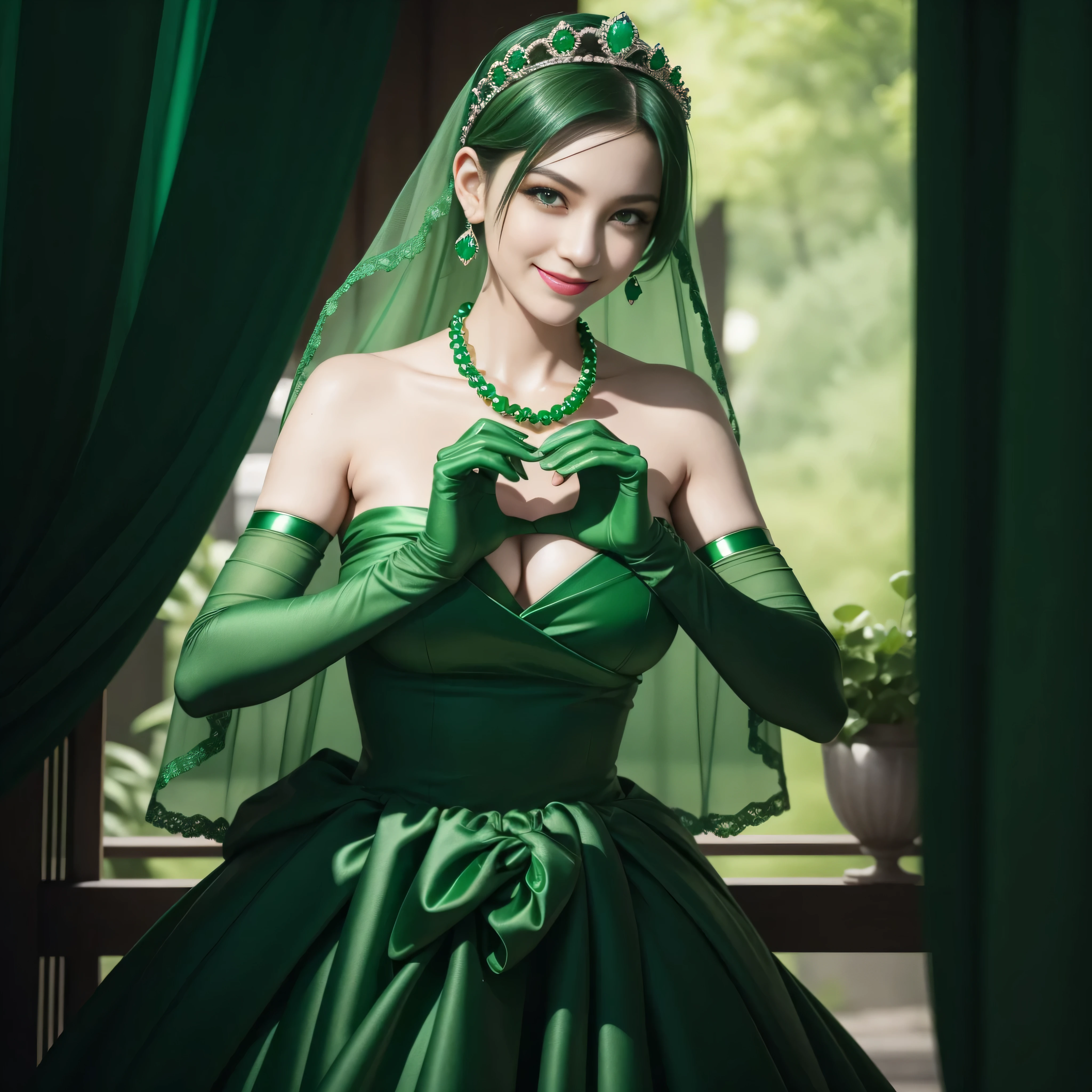 emerald tiara, Green Pearl Necklace, Boyish very short green hair, lipsticks, Japan woman smiling, very short short hair, big breasts beautiful, Green eyes, Long green gloves made of satin material, Green eyes, Emerald Earrings, green vale, Heart with both hands, Green hair