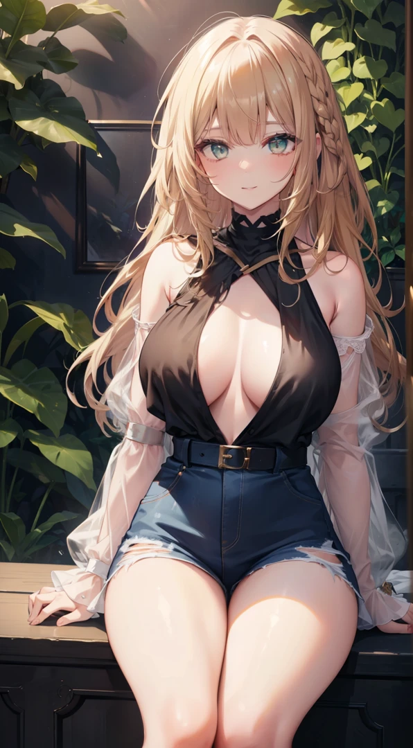 1 girl, mouth, lips, smiling, (perfect eyes), (details in the eyes), single focus, seductive beauty, big hair, locks, bangs, (lighting effects in the hair), (details in the hair), seductive expression, seductive aura, ambient lighting, (short black blouse), (ripped jeans), thick legs, thick thighs, backdrop, background full of plants, green climate, green environment, (plants in the corners), beautiful day, (body wetting), intricate details, enhanced lighting.