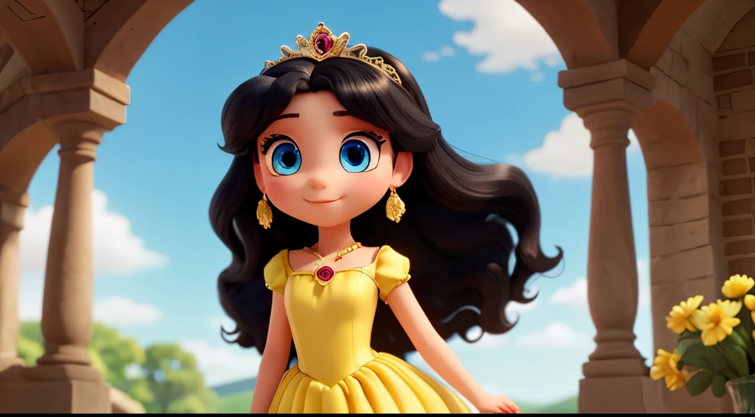 the good princess has long black hair, blue eyes, fair skin, and wears a very modest yellow dress.