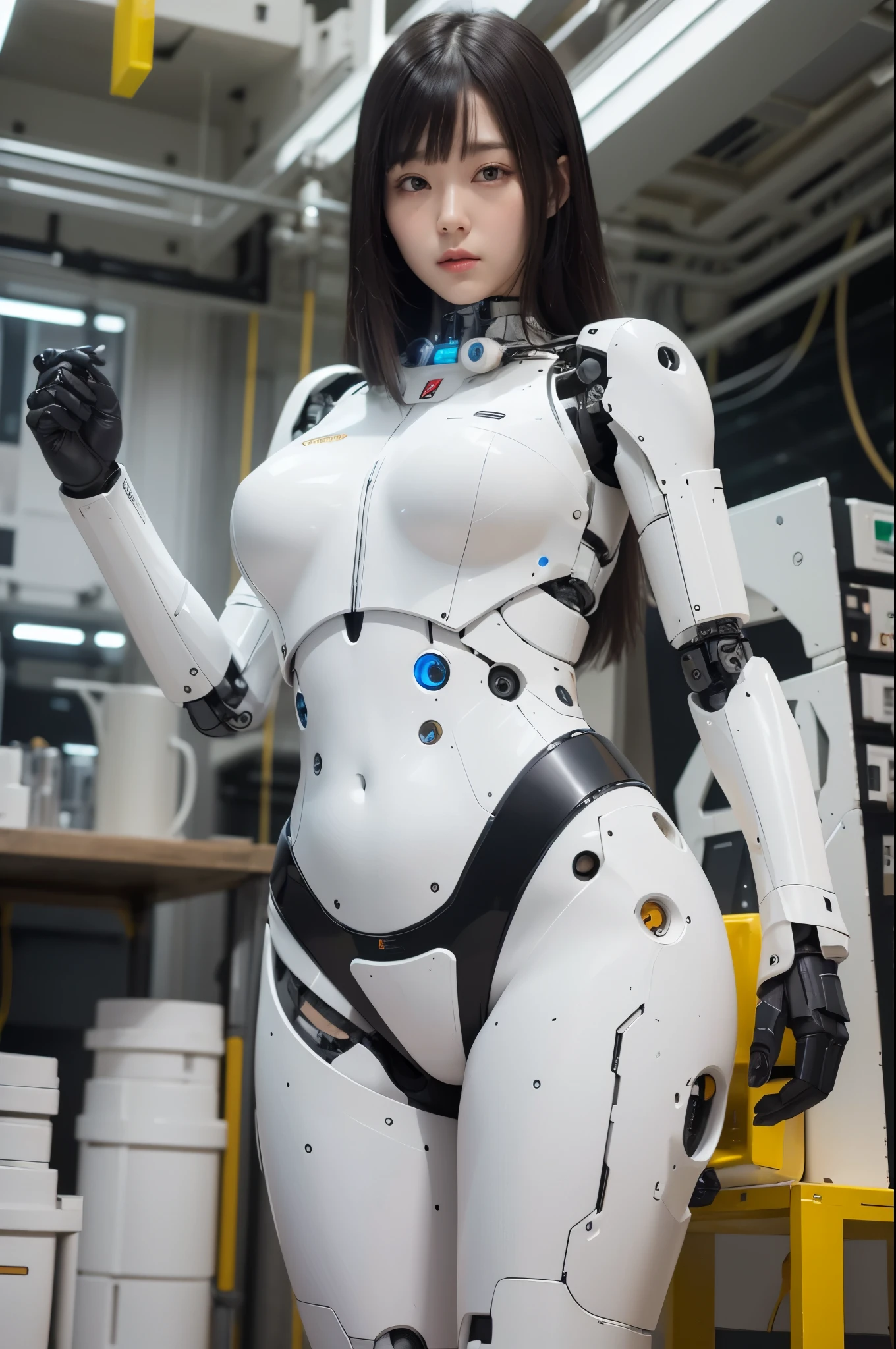 masterpiece, best quality, extremely detailed, (8K, 4K, Best Quality, hight resolution, 超A high resolution:1.1), 8K portrait,1girl in, Japaese android girl,android teacher,Plump , control panels,android,Droid,Mechanical Hand, ,Robot arms and legs, Black hair,Mechanical body,Blunt bangs,White Robotics Parts,perfect robot woman,Charging spot,Long Tube,A thick cable was connected to her neck,ceramic body ,android,robot humanoid,a bit chubby,panty,full eyes,perfect mechanical body,white robotics body,future assembly plant,white body,She has repaired,black sponge joints,android assembly plant,android,laboratory,perfect machine body,white robot body,