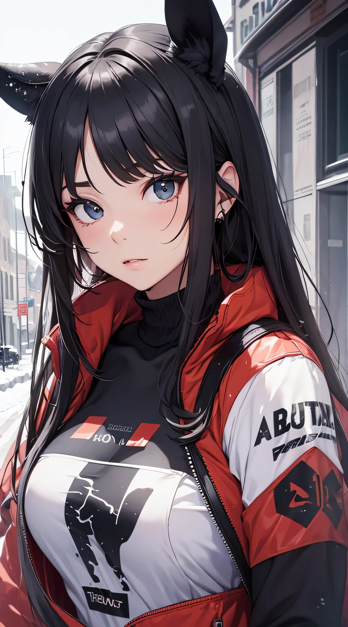 top-quality、Top image quality、​masterpiece、Teenage girl((a red jacket、Black shirt、Blue Pants、18year old、 Ager、Best Bust、big bast,Black eyes, Long Black Hair、A slender,Large valleys、Clean and clean、ride on the horse)),hiquality、Beautiful Art、Background with((Snow-covered town))​masterpiece、depth of fields,Cinematic style