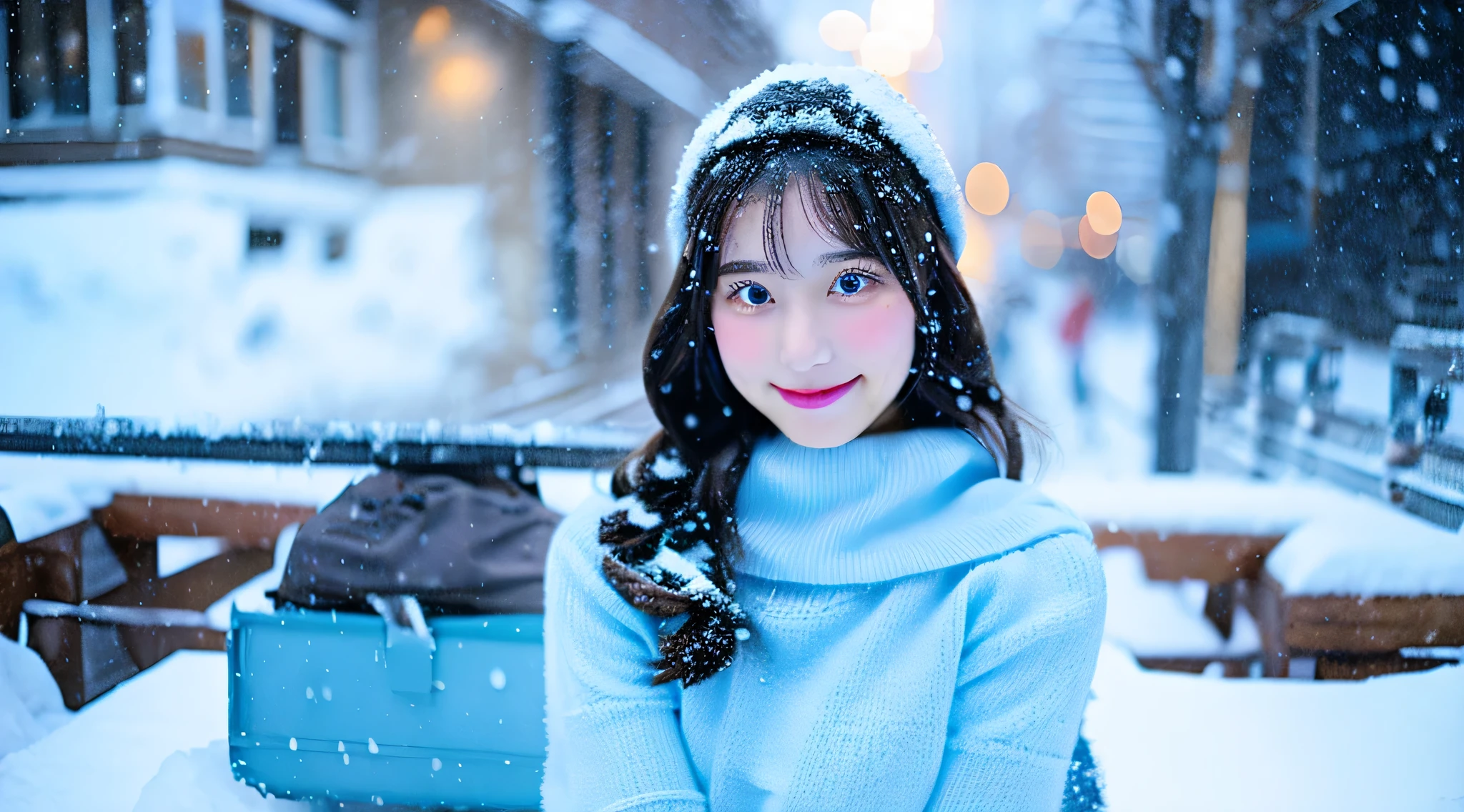 Cute high school girl, 18 years old, Wearing a light blue miniskirt、Snow outside