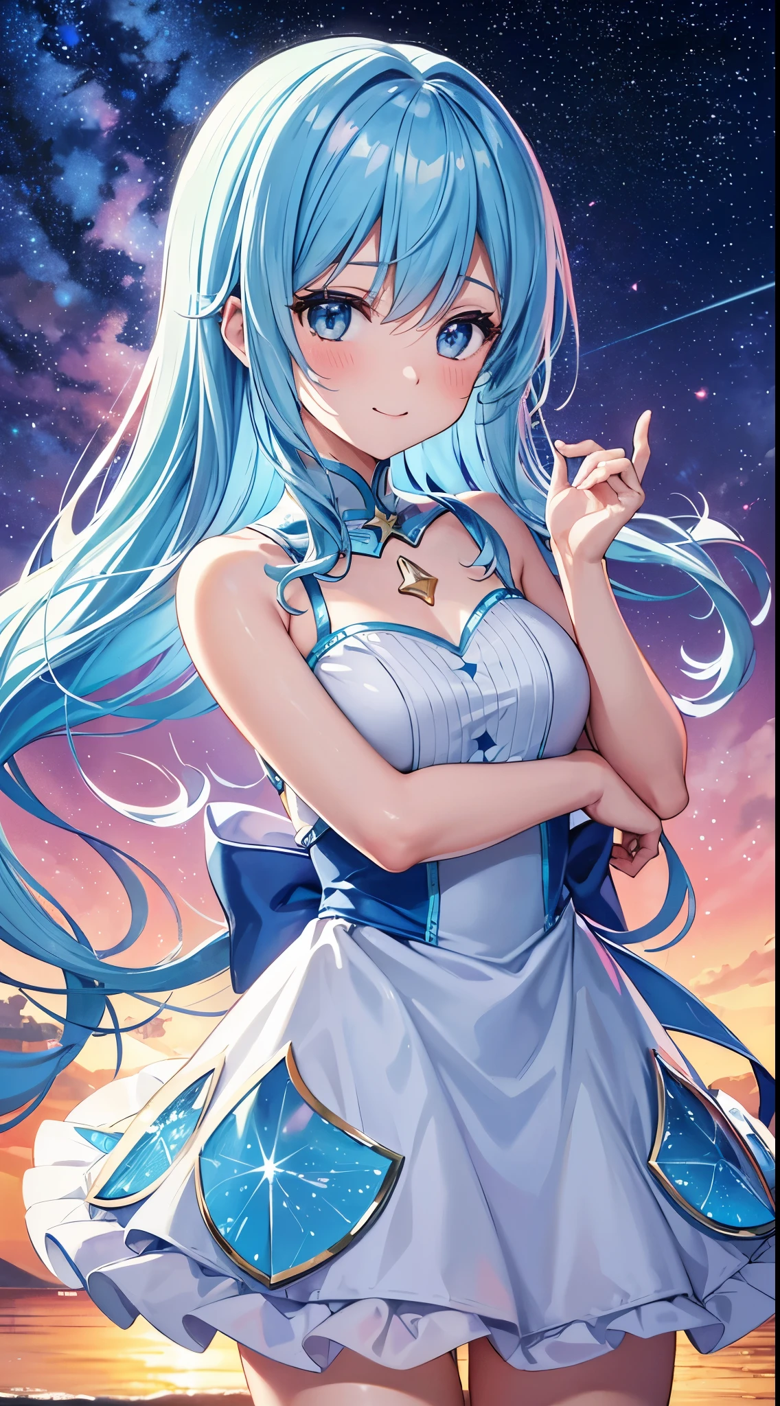 {{{masutepiece}}}, {{best qualtiy, An ultra-fine illustrations, beautifulanddelicatewater}}, {{very delicate light}}, {{Nature, Painting}}, {{Fine Lighting, More transparent stars, Very fine 8K PCG wallpaper}}, (plateau), Sunrise, randomly distributed clouds, cliff, ((Rotating starry sky)), Beautiful girl with long light blue hair with luminous particles、Twin-tailed、adorable smiling、facing front、Super Gloss Metallic Coral Rainbow Transparent Holographic Suit:1.2),Pink and white costume