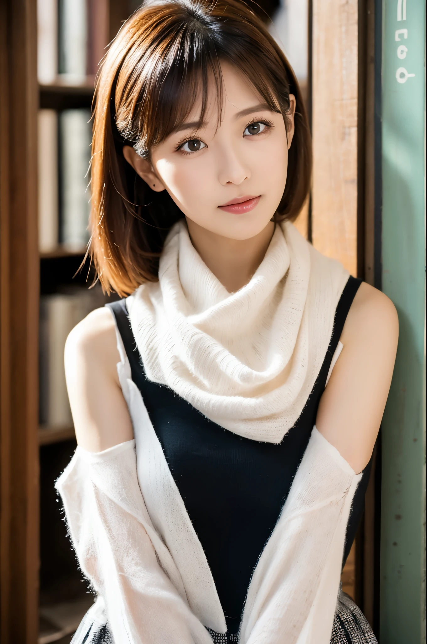 ulzzang -6500-v1.1, (Raw photo:1.2), (Photorealsitic), Beautiful detailed, (Real: 1.4), ighly detailedな目と顔, beatiful detailed eyes, s Office、Sleeveless High Neck Sweater、flered skirt、Ultra-realistic pantyhose、high-heels、huge filesize, hight resolution, ighly detailed, top-quality, [​masterpiece:1.6], illustratio, ighly detailed, nffsw, finely detail, top-quality, 8k wallpaper, Cinematographic lighting, 1 milf, 43 yeas old, perfect body type, cute droopy eyes beautiful big eyes、Pieckfinger, ((masutepiece)), Best Quality, 1 milf, eye shadow, Upper body, Portrait, ((FULL BODYSHOT:1.2))、