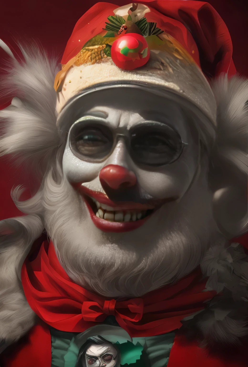 Злой clown with red and white makeup and a red cape, Santa, portrait death злой clown, cutecore clowncore, trending on artstation 4k, Santa claus, How trending on ArtStation, communist clown portrait, zany, Popular on ArtStation HD, Author: Daarken, wojtek fus, clown, Popular on ArtStationHQ, Fan art