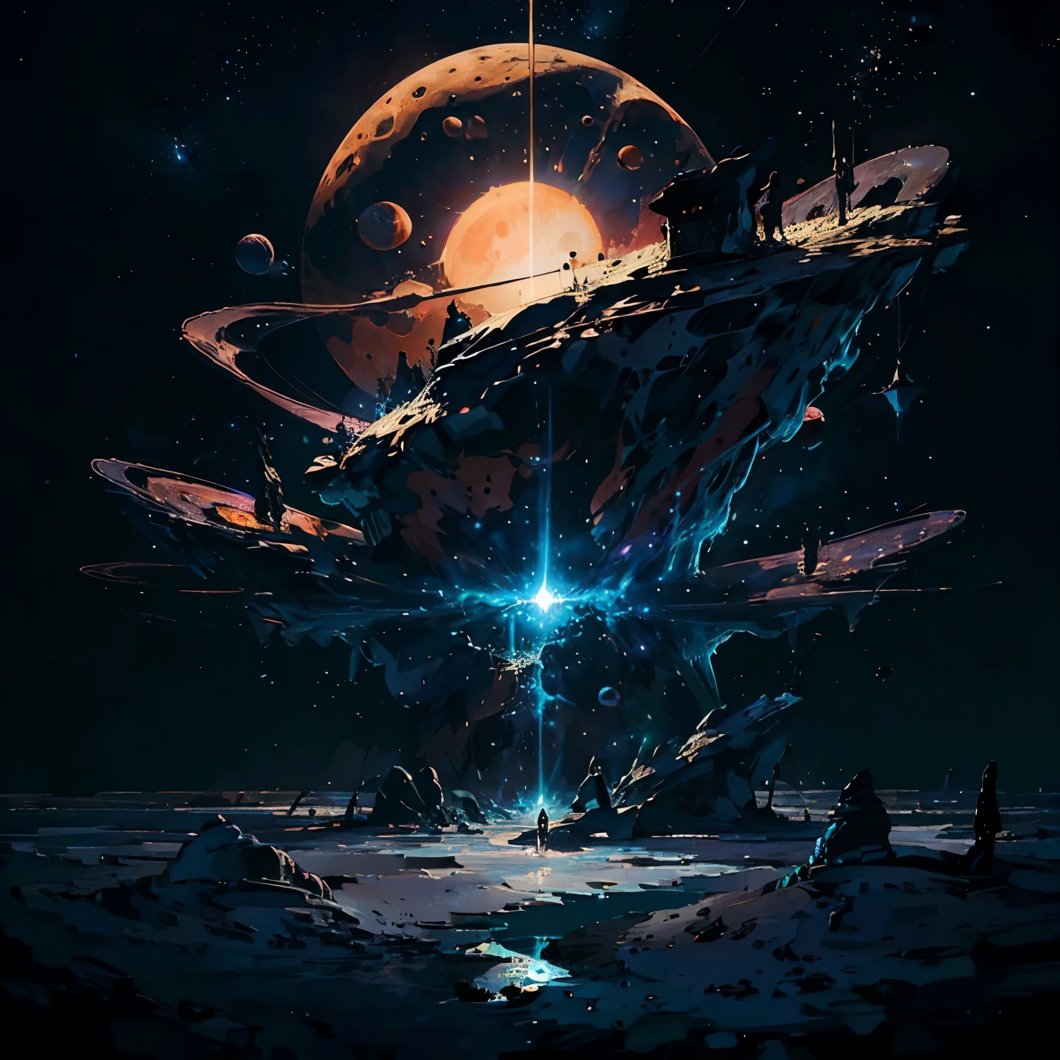 Modern Acrylic painting, stars, planets , nebula, black hole, dark tones, whimsical atmosphere, intricately detailed art, ((surrealism)), (abstract), intricate brush strokes, beautiful lighting, intricate details, Unreal Engine, creative, expressive, detailed, colorful, digital art, HW*