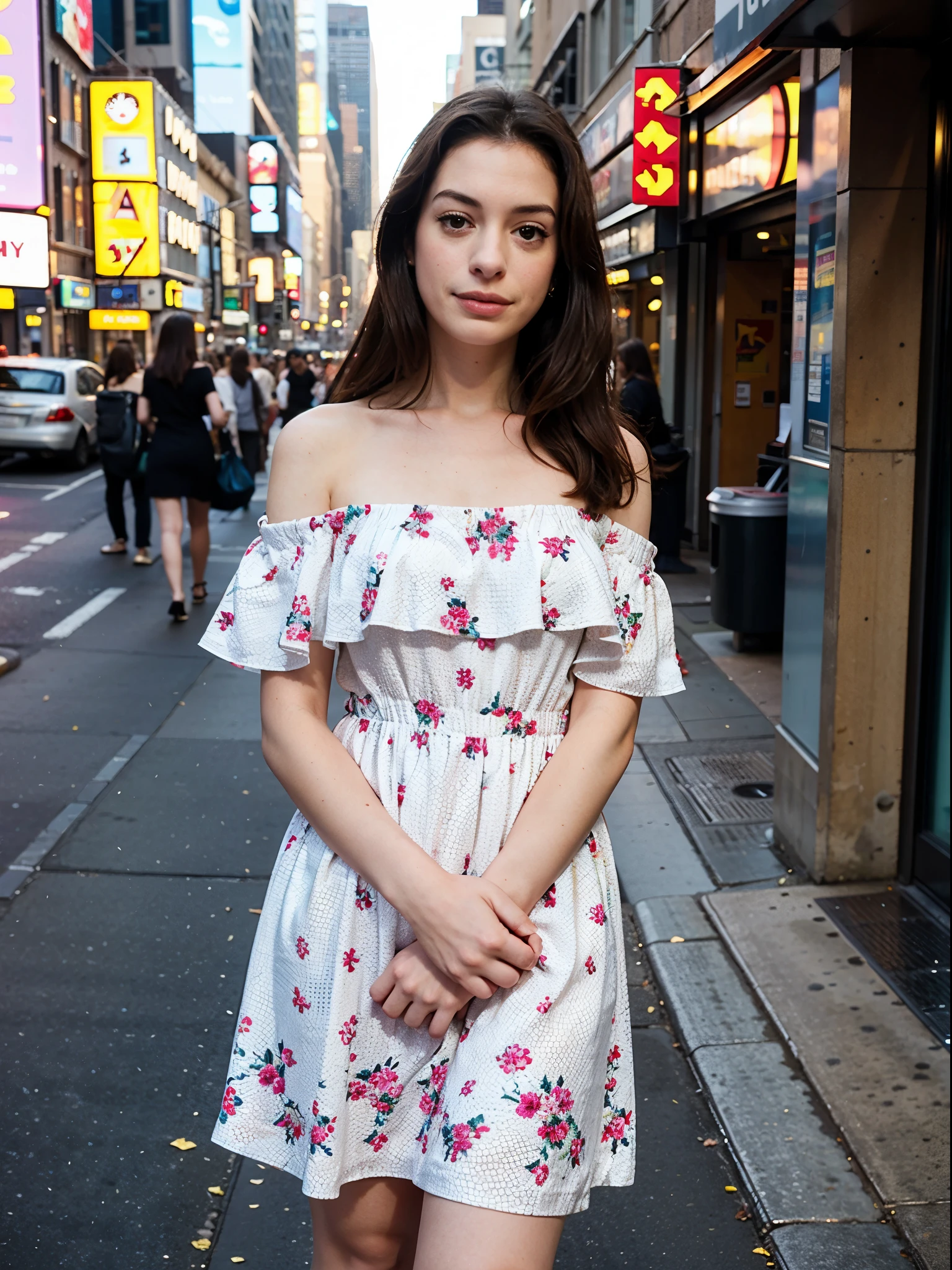25 y.o, off shoulder dress, motif, face like anne hathaway, new york