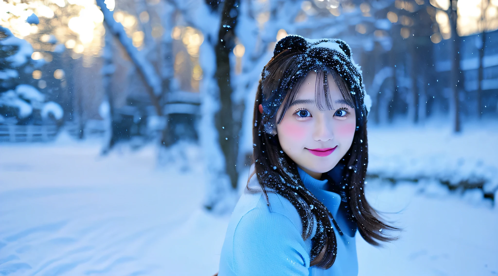Cute high school girl, 18 years old, Wearing a light blue miniskirt、Snow outside