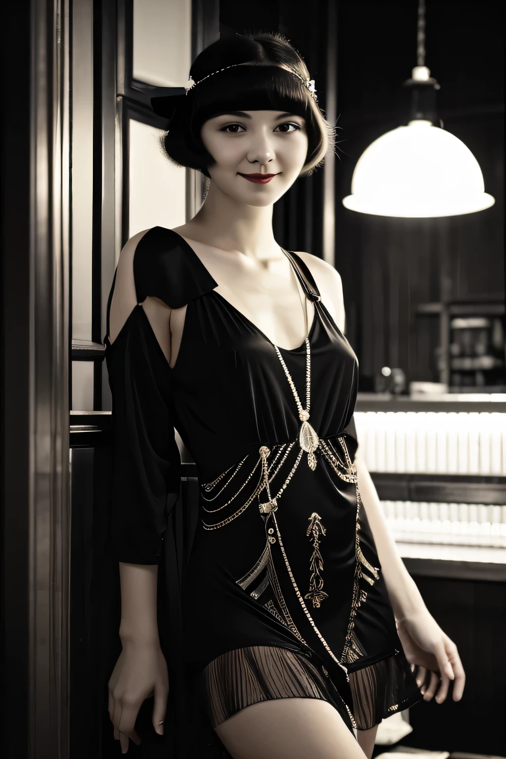 woman posing for a photo(flapper_Dress:1.Wearing 3)、A smile、 Good Hand、4K、hight resolution、​masterpiece、top-quality、headw:1.3、((Hasselblad photo))、Fine skin、Sharp Focus、(lighting like a movie)、鎖骨、natta、Soft lighting、dynamic ungle、[:(详细的脸:1.2):0.2]、(Bars in the 1920s)、L0uise、a black and white photo