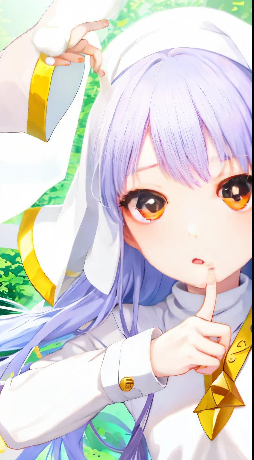 anime girl with long hair and a white coat holding a cat, anime visual of a cute girl, with index finger, anime best girl, holo, mikudayo, nightcore, reisen udongein inaba, anime goddess, anime!!!!!!!!!!!!!!!, cute anime girl, white haired deity, tsuaii, close up iwakura lain,Anime female characters in the magic catalog,Index's white nun,Silver metallic luster long hair,White nun's robe with gold lace,White nun's headscarf with gold lace,Dancing among the forest flowers