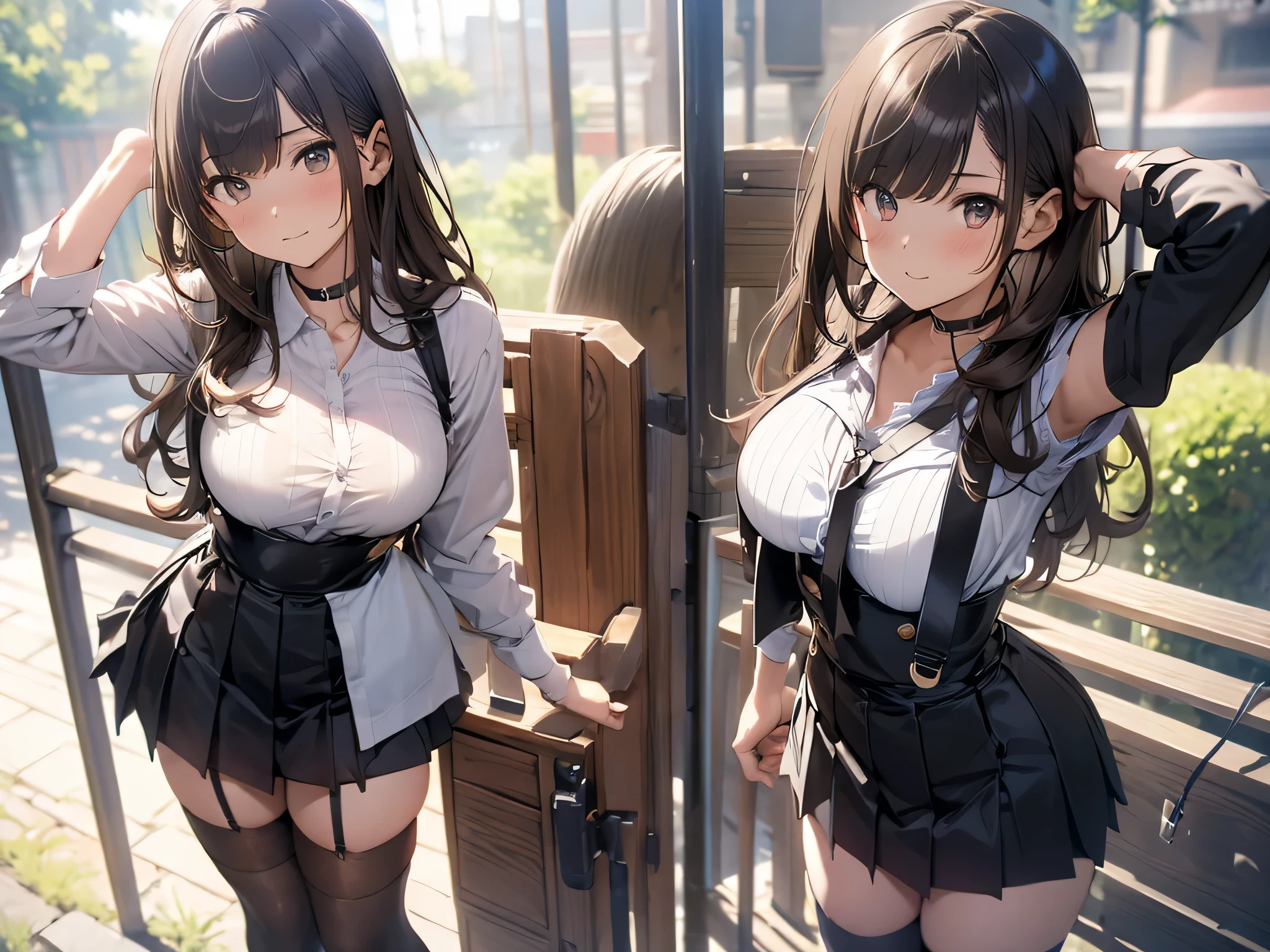 Brown hair、watching at viewers black suspenders bulging big tits walls: Black miniskirt garters Gaze a small face bangss holster Beautuful Women Hands up レッグholster ベッドに横たわる Gaze black boots panty shot Provocation flank flank汗 Soio arms are