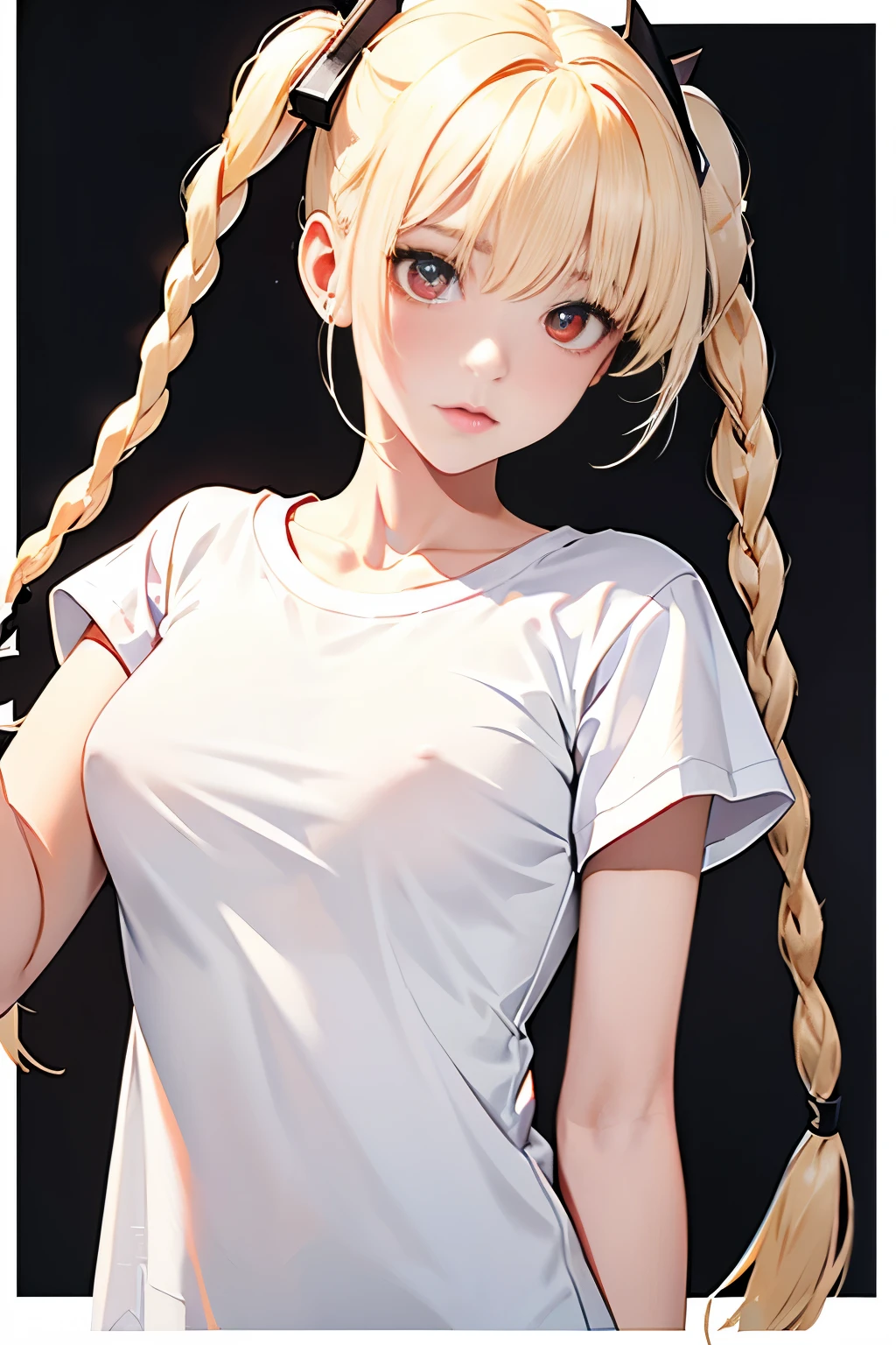 optimum，tmasterpiece，hight resolution，best qualtiy，hyper HD，super detailing，awardwinning，16 K，独奏，（The upper part of the body），anatomy correct，Beautiful cyberpunk girl，Cowboy Shot、cute  face，，a blond、Longhaire、Twin-tailed、Braids, Hairline，（（scarlet eyes）），long eyelasher，Hanging eye corners，White skin of the，Shoot from below, ((white t-shirts:1.5)), ((Sheer nipples))、Rocket Tits, （Slim body），