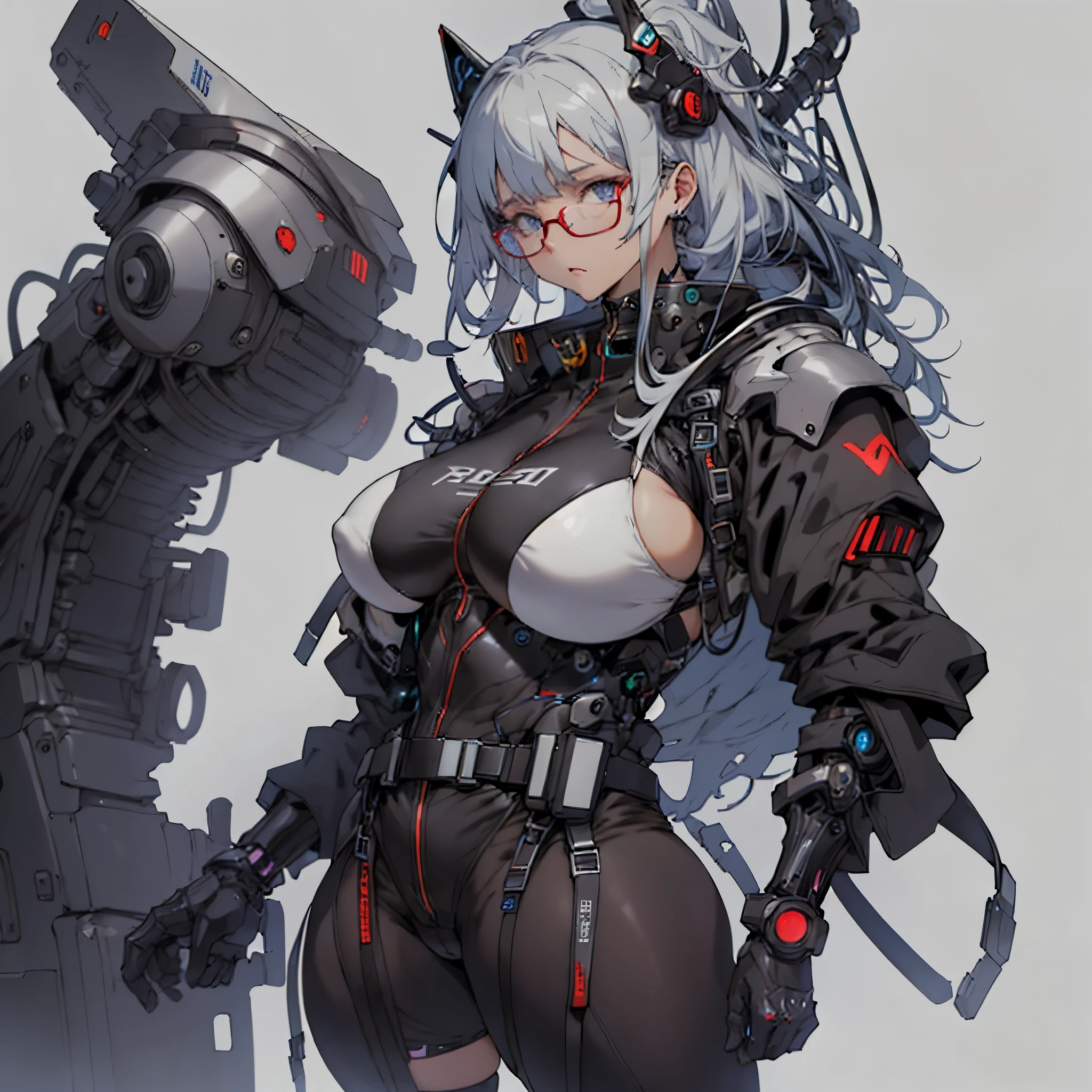 4K,transparent background,delicate picture,Anime manga girl,cyber punk personage,Cyborg,(Colossal tits),silber hair,Black Jumpsuit,blue color eyes,red framed glasses,((((1 sister)))),((((Thick body))))