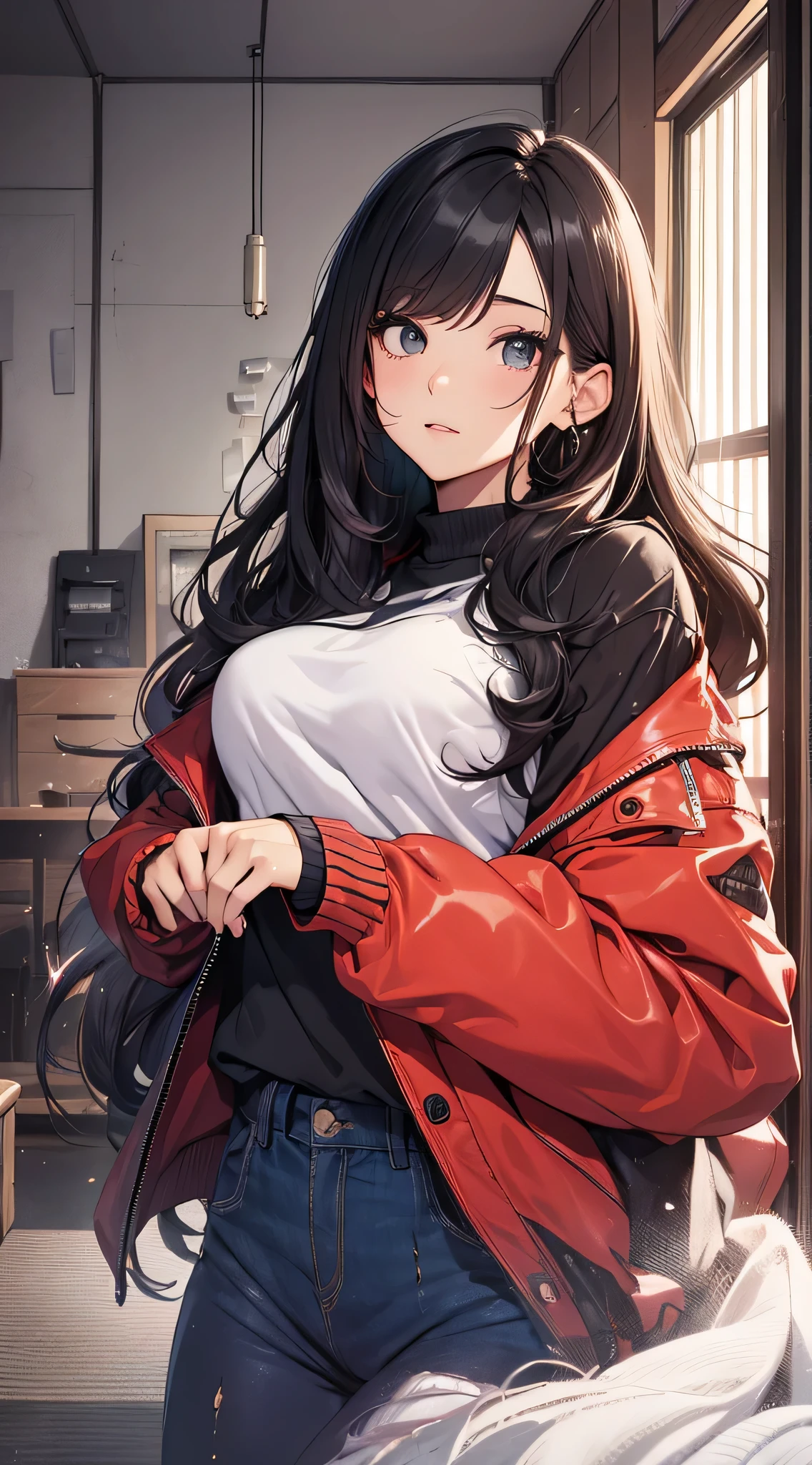 top-quality、Top image quality、masterpiece、Teenage girl((a red jacket、Black shirt、Blue Pants、18year old、 Ager、Best Bust、big bast,Black eyes, Black hair、A slender,Large valleys、Clean and clean、Kotatsuに入る)),hiquality、Beautiful Art、Background with((Nice and clean room.、Kotatsu))masterpiece、depth of fields,Cinematic style