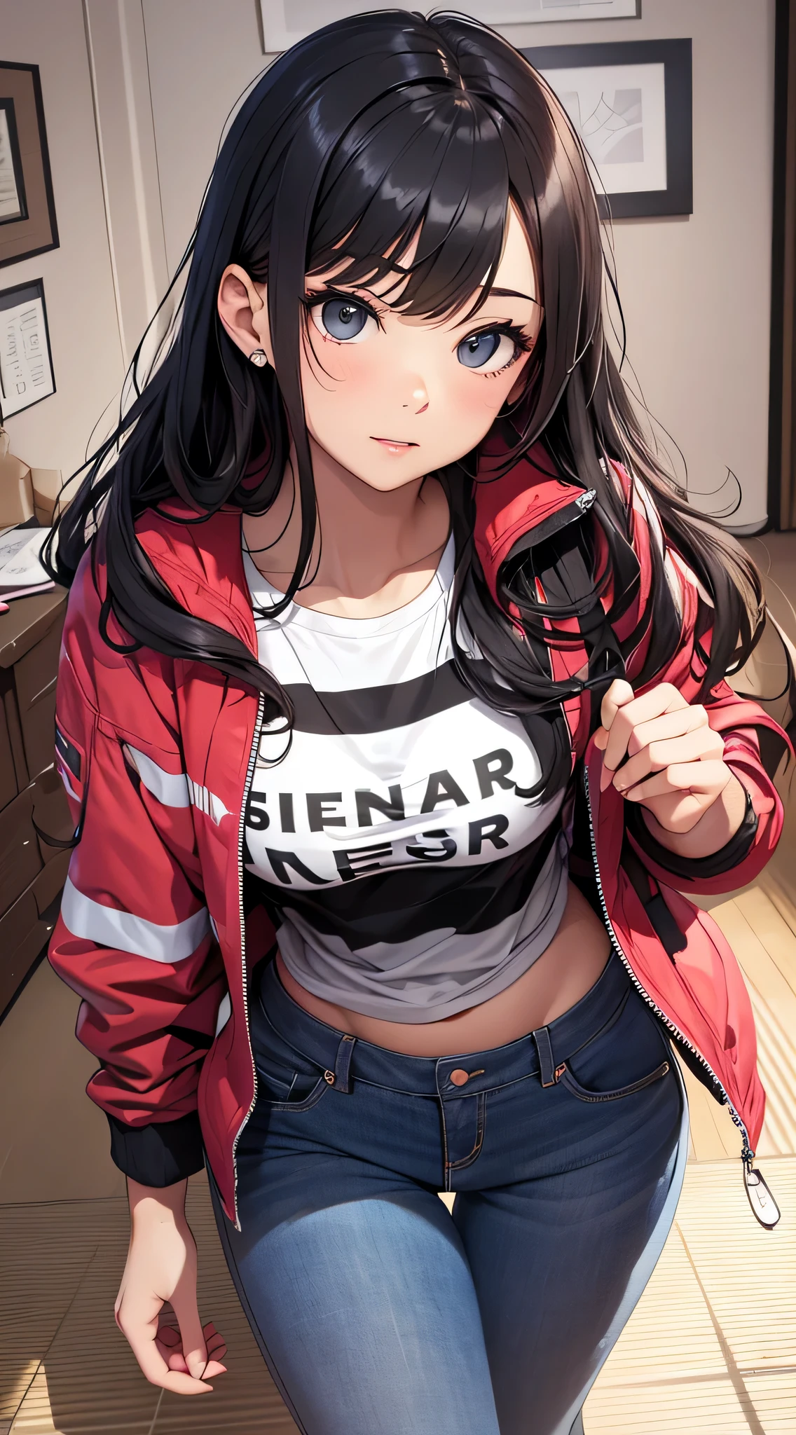 top-quality、Top image quality、​masterpiece、Teenage girl((a red jacket、Black shirt、Blue Pants、18year old、 Ager、Best Bust、big bast,Black eyes, Black hair、A slender,Large valleys、Clean and clean、Kotatsuに入る)),hiquality、Beautiful Art、Background with((Nice and clean room.、Kotatsu))​masterpiece、depth of fields,Cinematic style