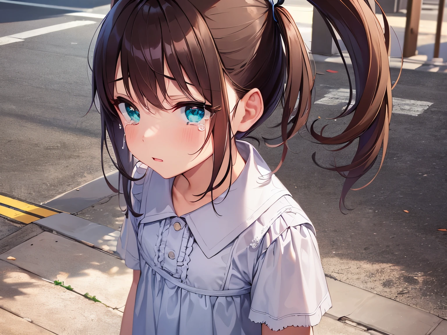 Angle from above, High angle, side ponytail, masterpiece、top-quality、 A 5-year-old girl with green eyes and orange bangs.、child, Wearing a white blouse、Wearing a white skirt、(tears:1.3)、(Staring:1.5)、is standing、The background is a shopping street、Bold composition、Upper body is shown、Alone、