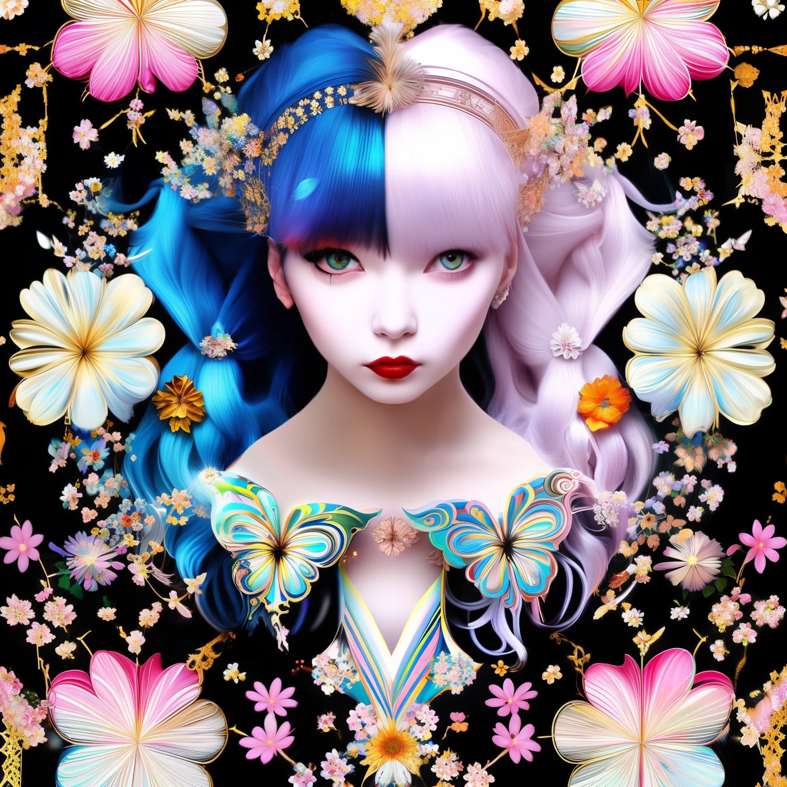 SDArt psst，((​masterpiece、An ultra-high picture quality))、(ultra detailed original illustration)、girl with、Girl 1 and Girl 2、Symetrical、(gril1:lightpink hair)、(gril2:white hair)、symmetry、((flowers with human eyelossom eyes))、double exposure、Fusion of fluid abstract art、glitched、(2D)、(Original composition)、(fusion of limited color、maximalism artstyle、Geometric Art Style、butterflys、junk art)、((Classic decorative border))、((The sword))、(((Tarot Border)))、(((Watch Magic Circle)))