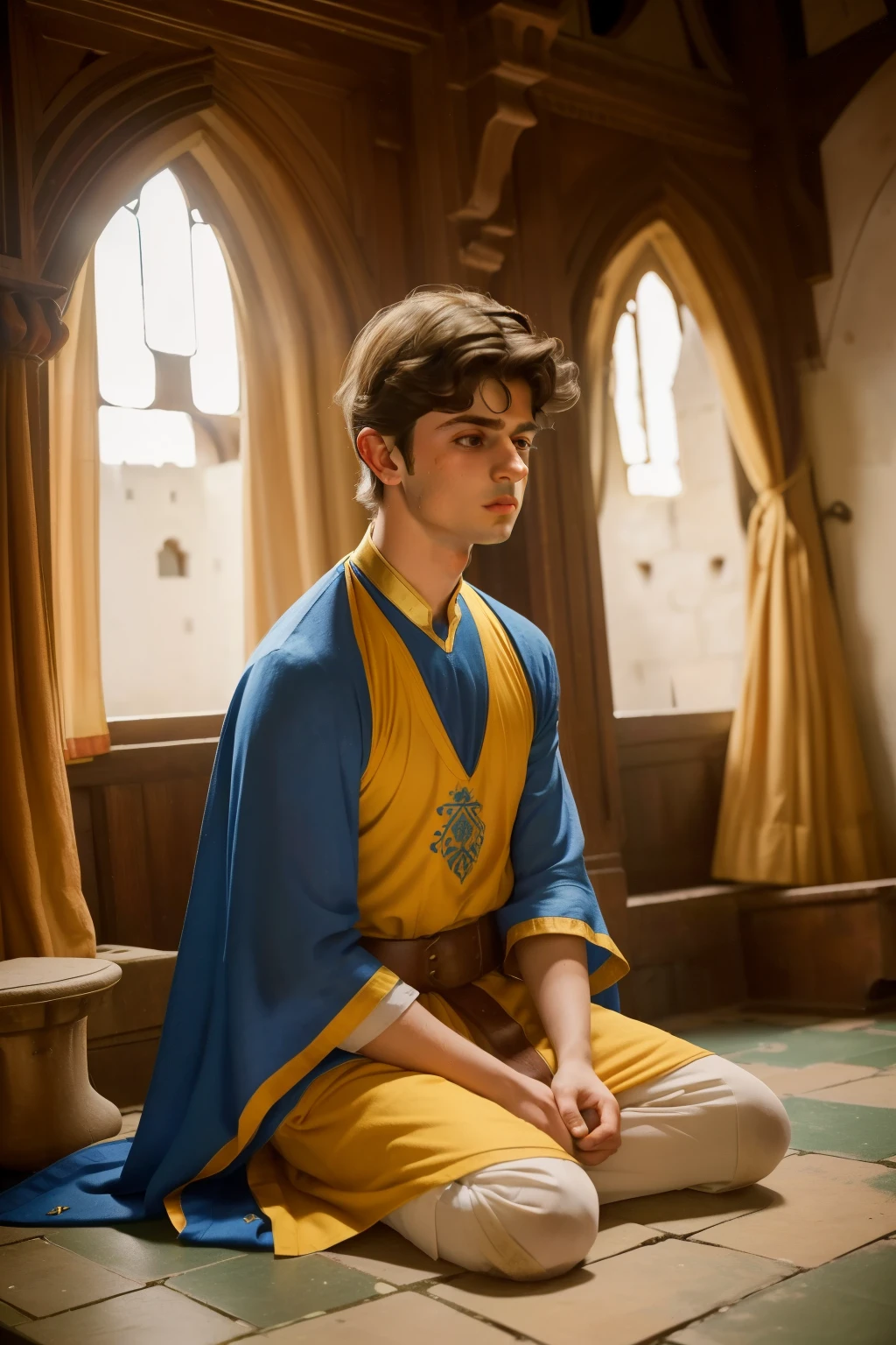 1137, Earlcastle, England. otherworldly scene in a medieval castle, ((((13-year-old)) Matthew Daddario)), sitting on the floor, ((crying big tears)), ((terrified expression)), ((((tunic from the 12th century)))), ((Hairstyle of the 12th century)), ((Wes Anderson cinematic style)), colorful