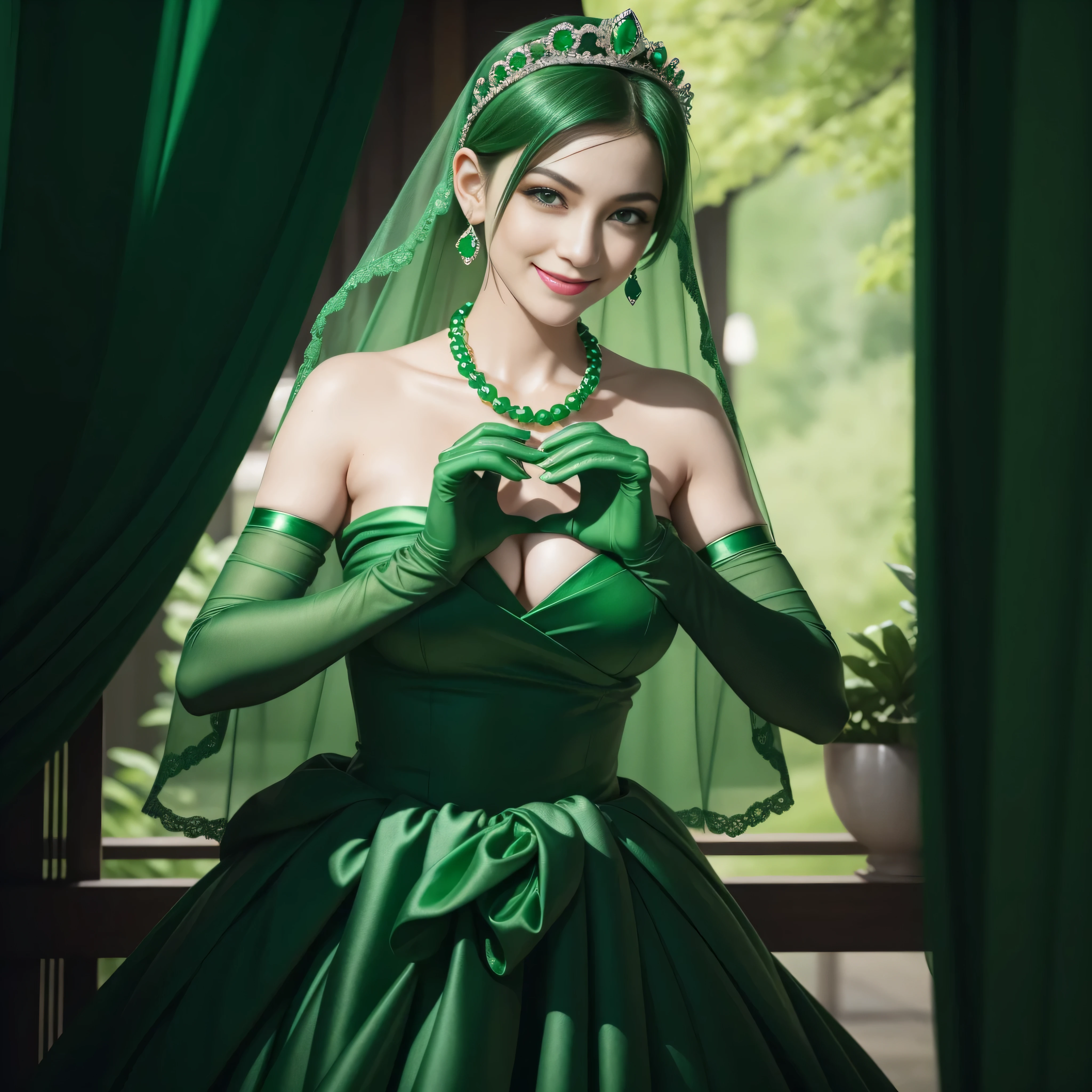 emerald tiara, Green Pearl Necklace, Boyish very short green hair, lipsticks, Japan woman smiling, very short short hair, big breasts beautiful, Green eyes, Long green gloves made of satin material, Green eyes, Emerald Earrings, green vale, Heart with both hands, Green hair
