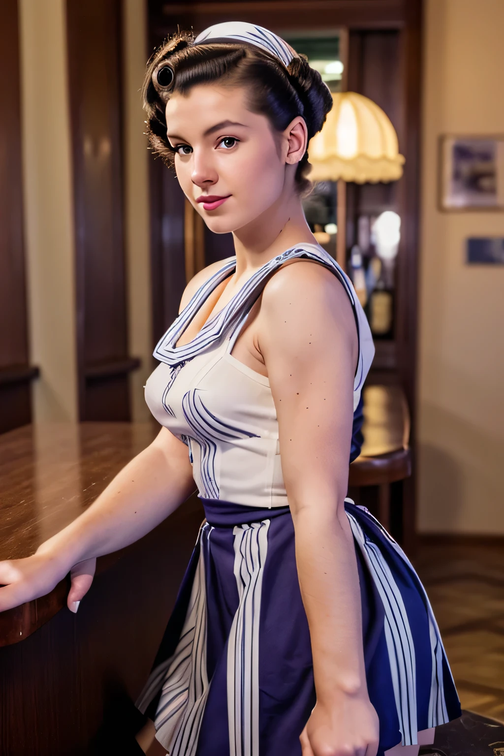 Full body portrait of Betty (1940s style, sailor dress, Highly detailed:1.3), (Highly detailed face:1.8), (Pompadour hairstyles in the 1940s:1.3), (Slim body, Small breasts, small hips:1.5), (Leaning against the bar:1.5), (dark backgrounds, old, Big band bars in the 1940s:1.4), (soft studio lighting, volumetric shadow), JCH Street Pan, ISO 100