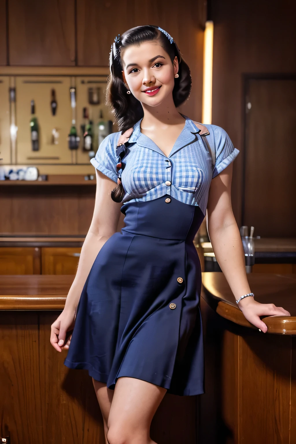 Full body portrait of Betty (1940s style, sailor dress, Highly detailed:1.3), (Highly detailed face:1.8), (Pompadour hairstyles in the 1940s:1.3), (Slim body, Small breasts, small hips:1.5), (Leaning against the bar:1.5), (dark backgrounds, old, Big band bars in the 1940s:1.4), (soft studio lighting, volumetric shadow), JCH Street Pan, ISO 100