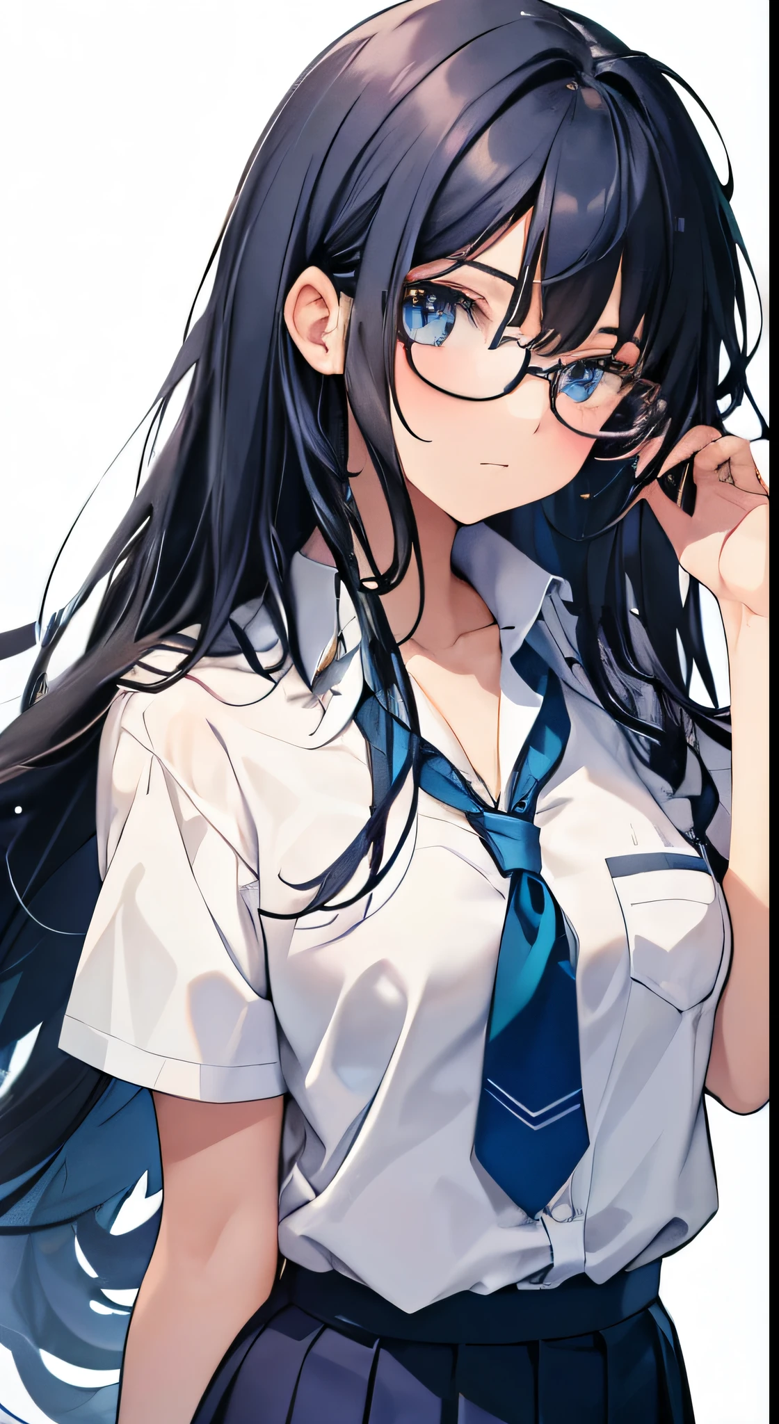 Female, age is 18 years old, blue-black hair, blue blue eyes, Wear round glasses., Wear a school uniform., Her hair is growing down.